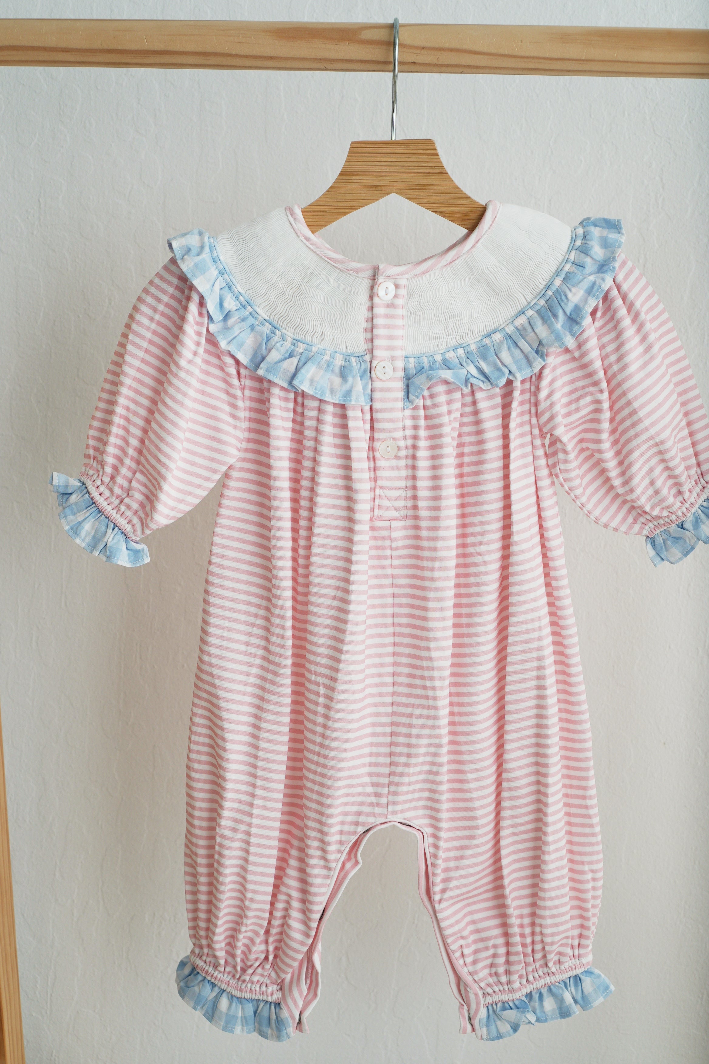 Pink candy cane bow hand smocked ruffle romper - Aaria Tees Aaria Tees