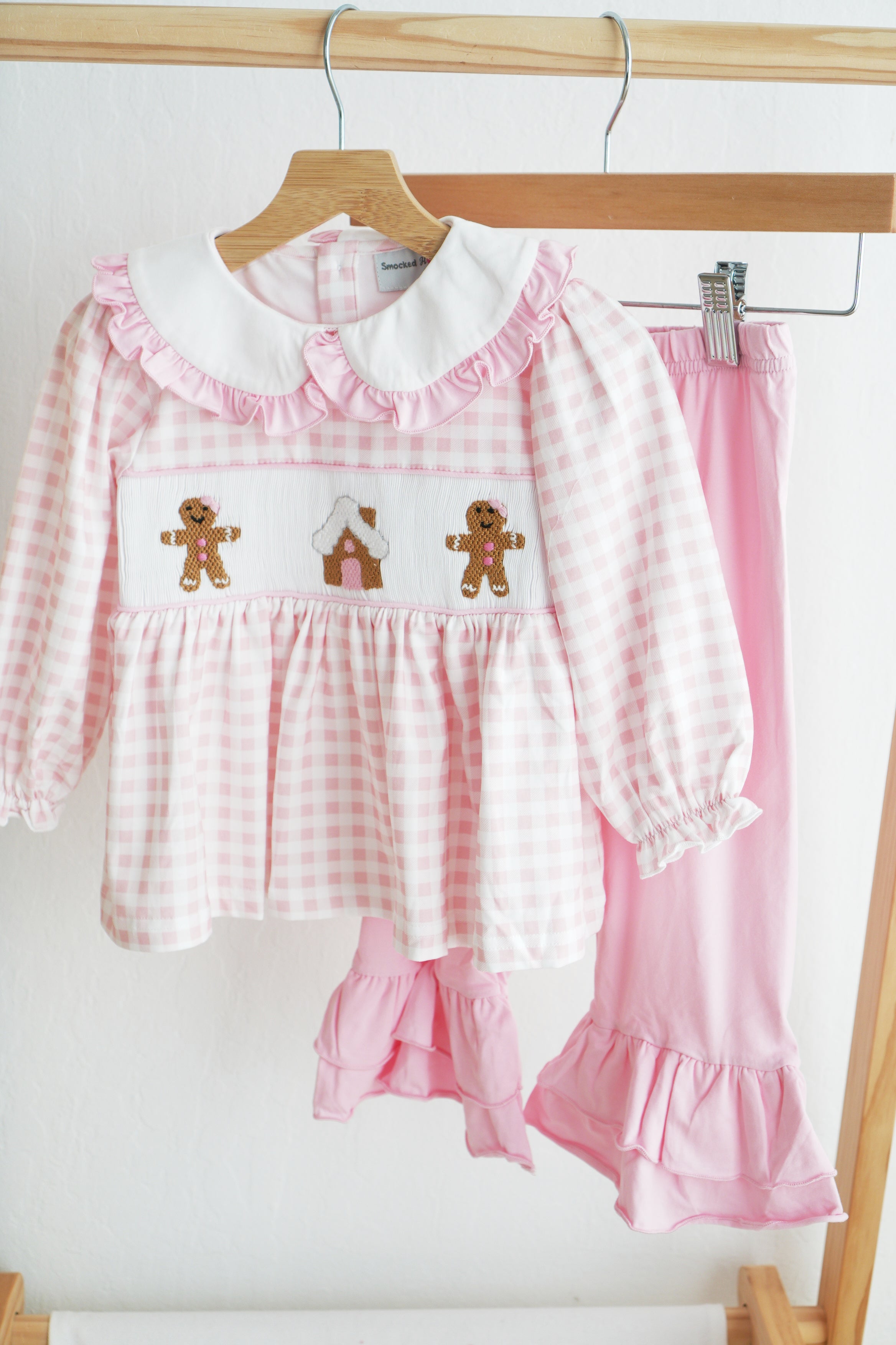 Pink gingerbread hand smocked gingham ruffle pants set - Aaria Tees Aaria Tees