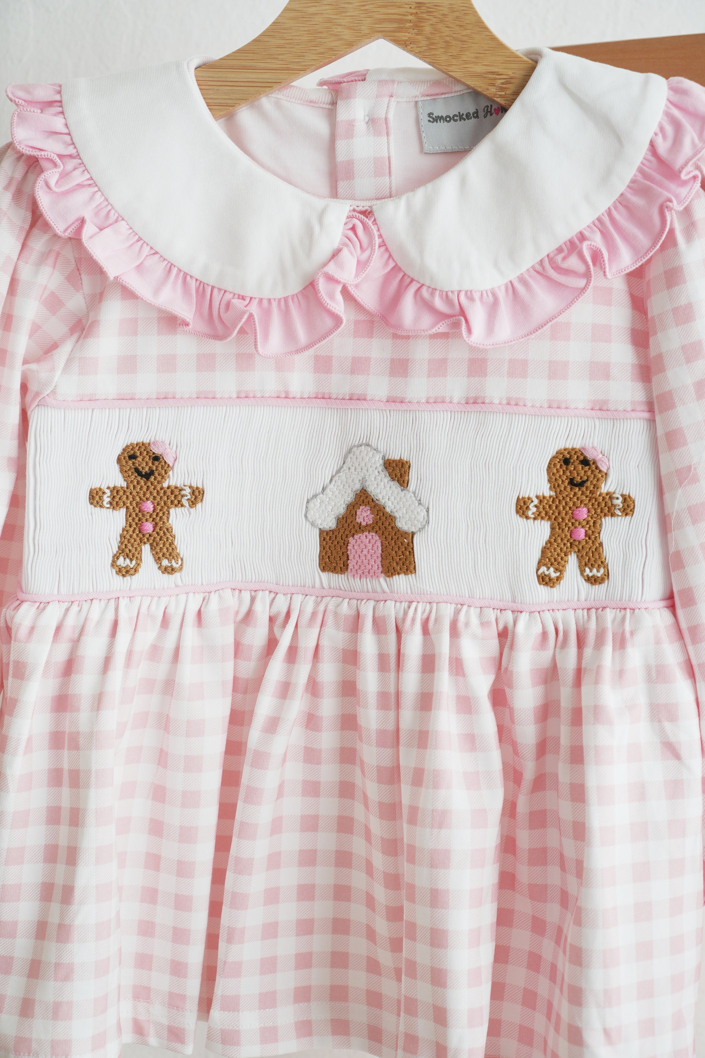 Pink gingerbread hand smocked gingham ruffle pants set - Aaria Tees Aaria Tees