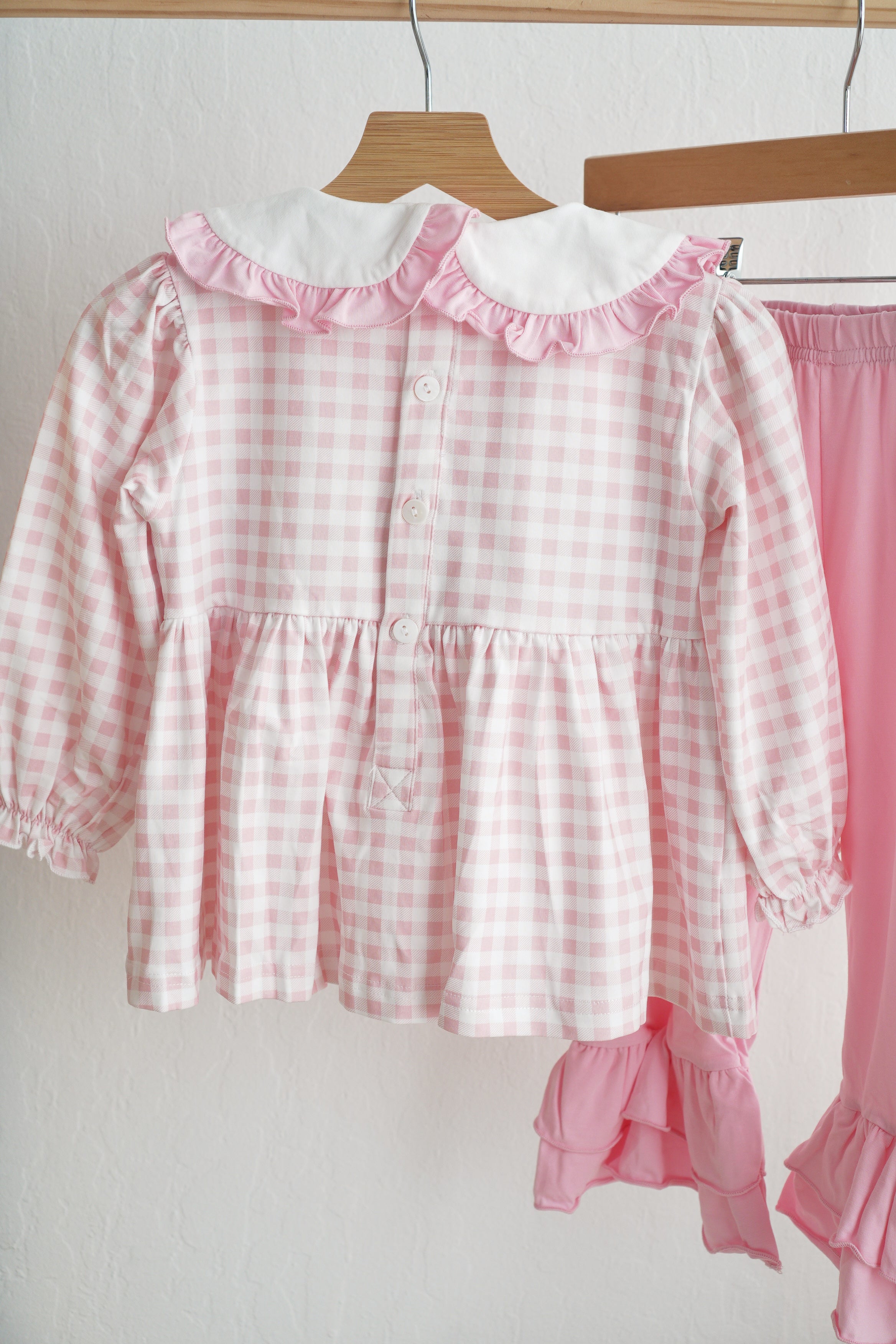 Pink gingerbread hand smocked gingham ruffle pants set - Aaria Tees Aaria Tees
