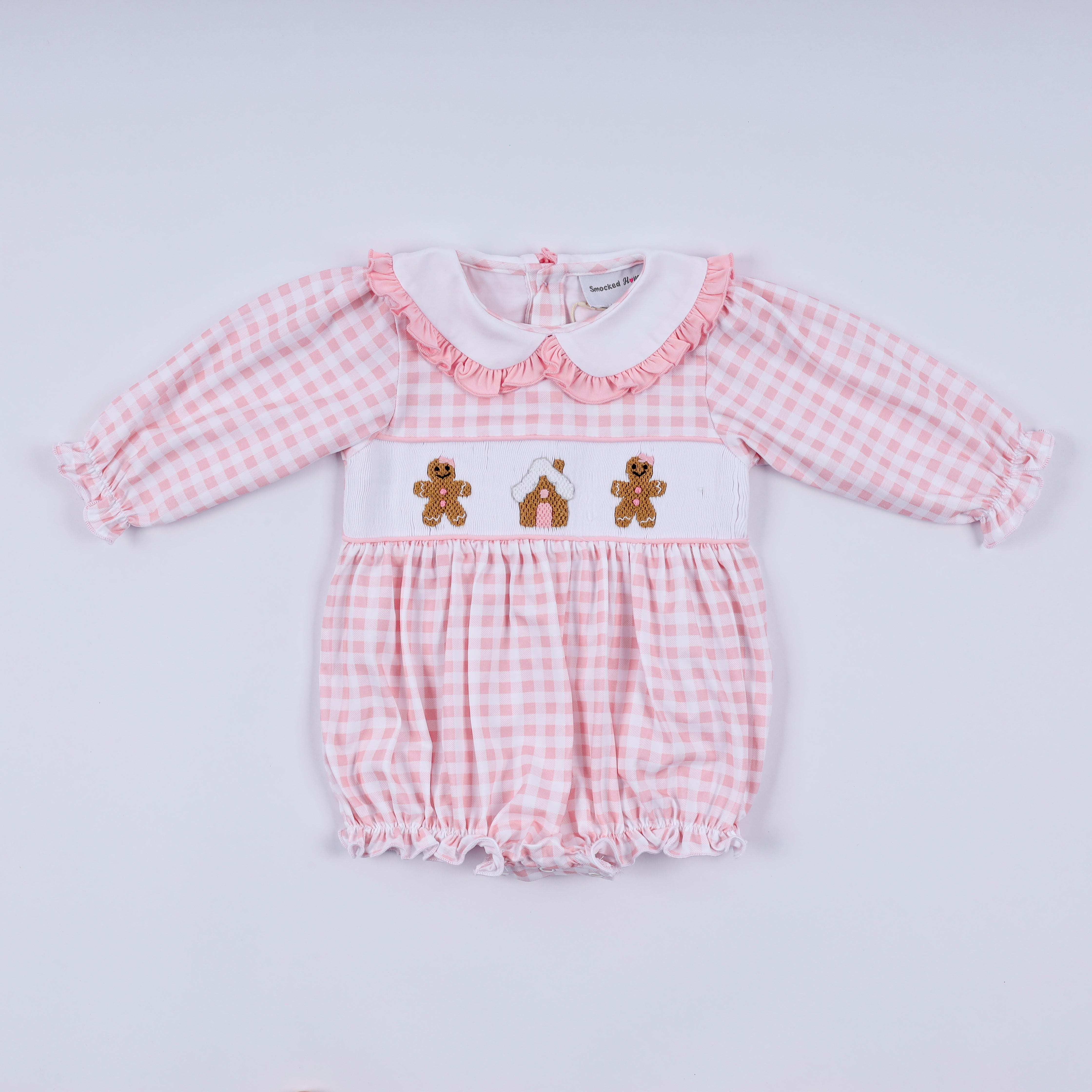 Pink gingerbread hand smocked gingham ruffle bubble - Aaria Tees Aaria Tees