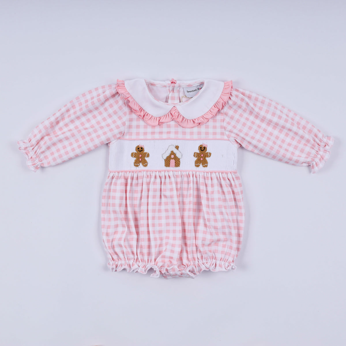 Pink gingerbread hand smocked gingham ruffle bubble - Aaria Tees
