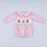Pink gingerbread hand smocked gingham ruffle bubble - Aaria Tees Aaria Tees