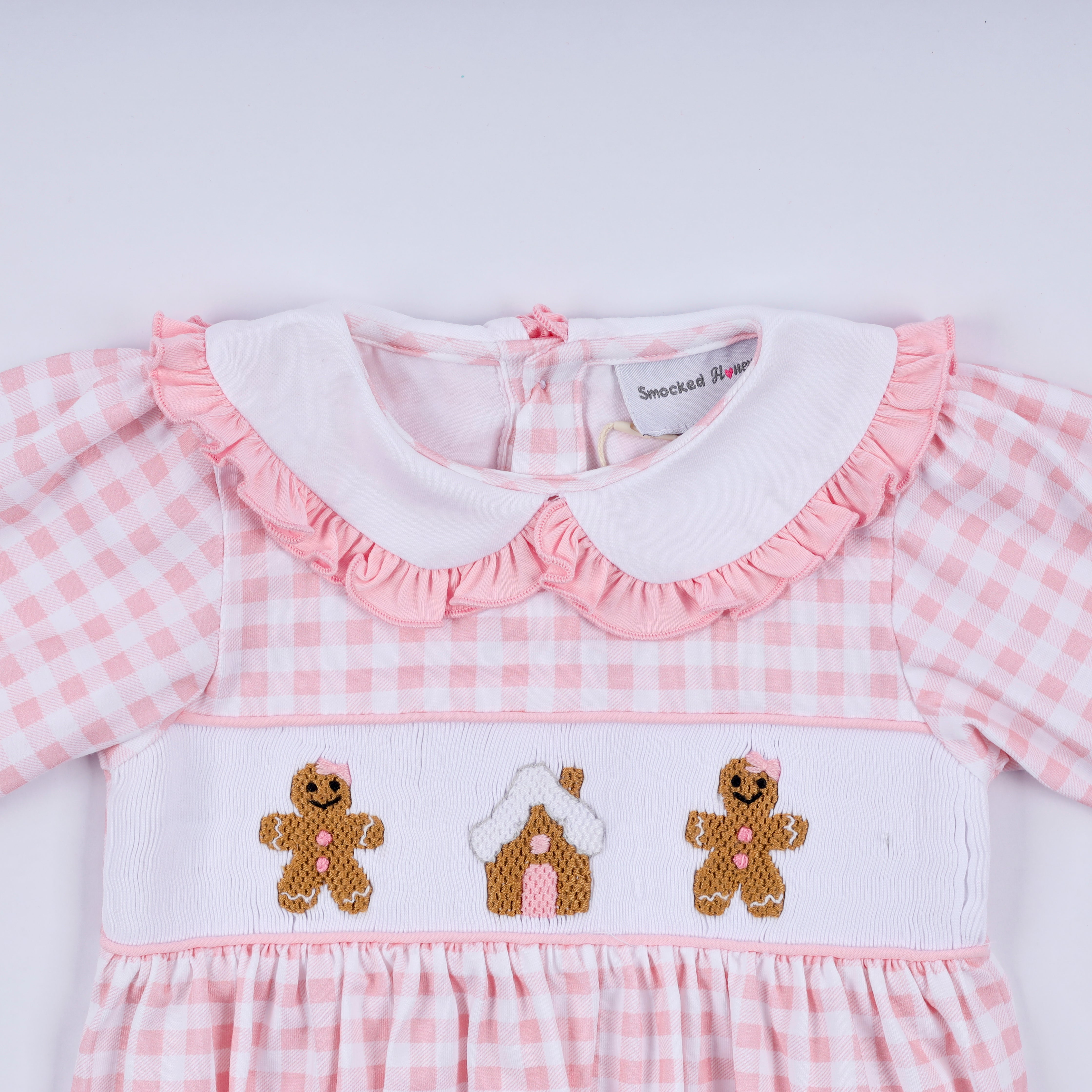 Pink gingerbread hand smocked gingham ruffle bubble - Aaria Tees Aaria Tees