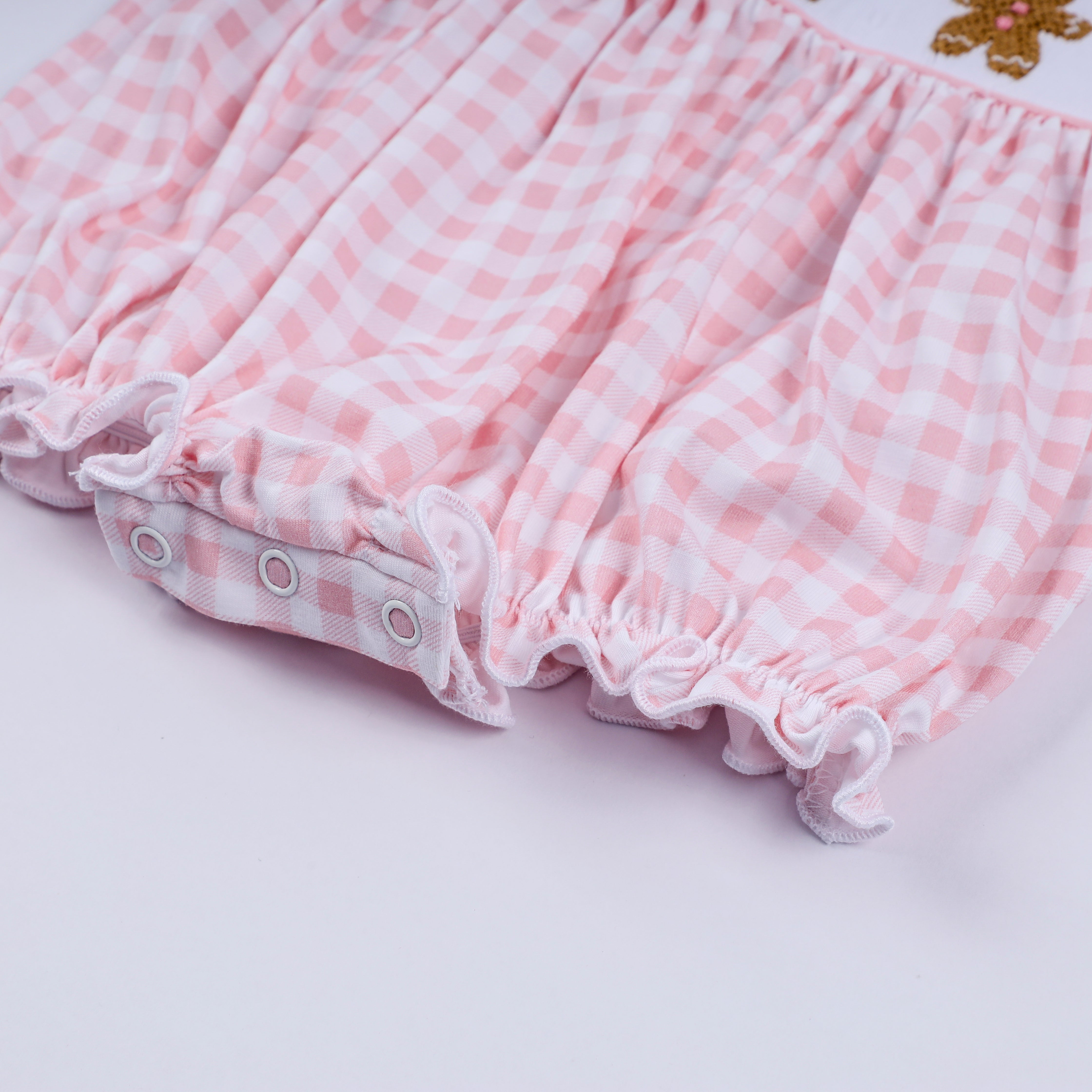 Pink gingerbread hand smocked gingham ruffle bubble - Aaria Tees Aaria Tees