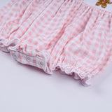 Pink gingerbread hand smocked gingham ruffle bubble - Aaria Tees Aaria Tees