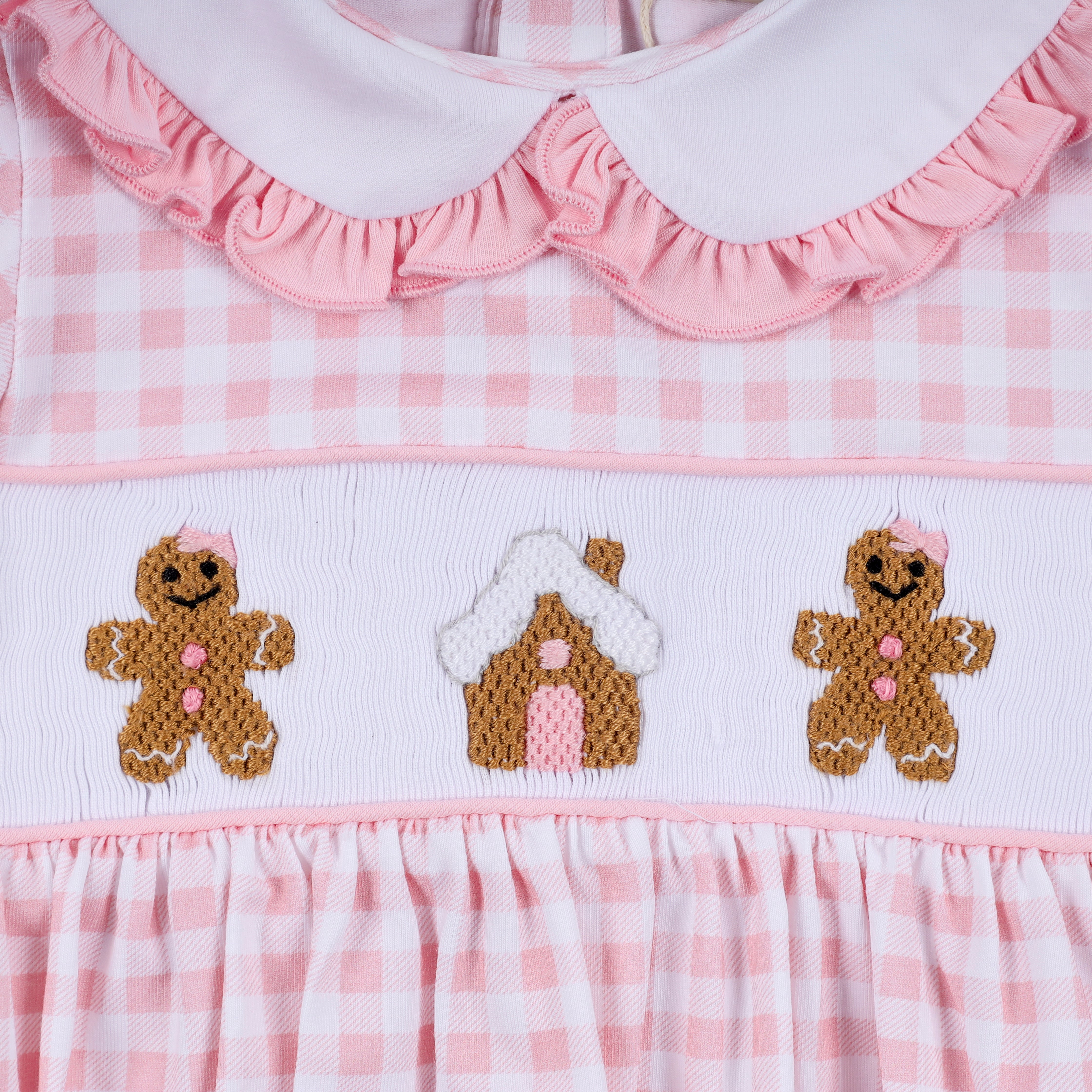 Pink gingerbread hand smocked gingham ruffle bubble - Aaria Tees Aaria Tees