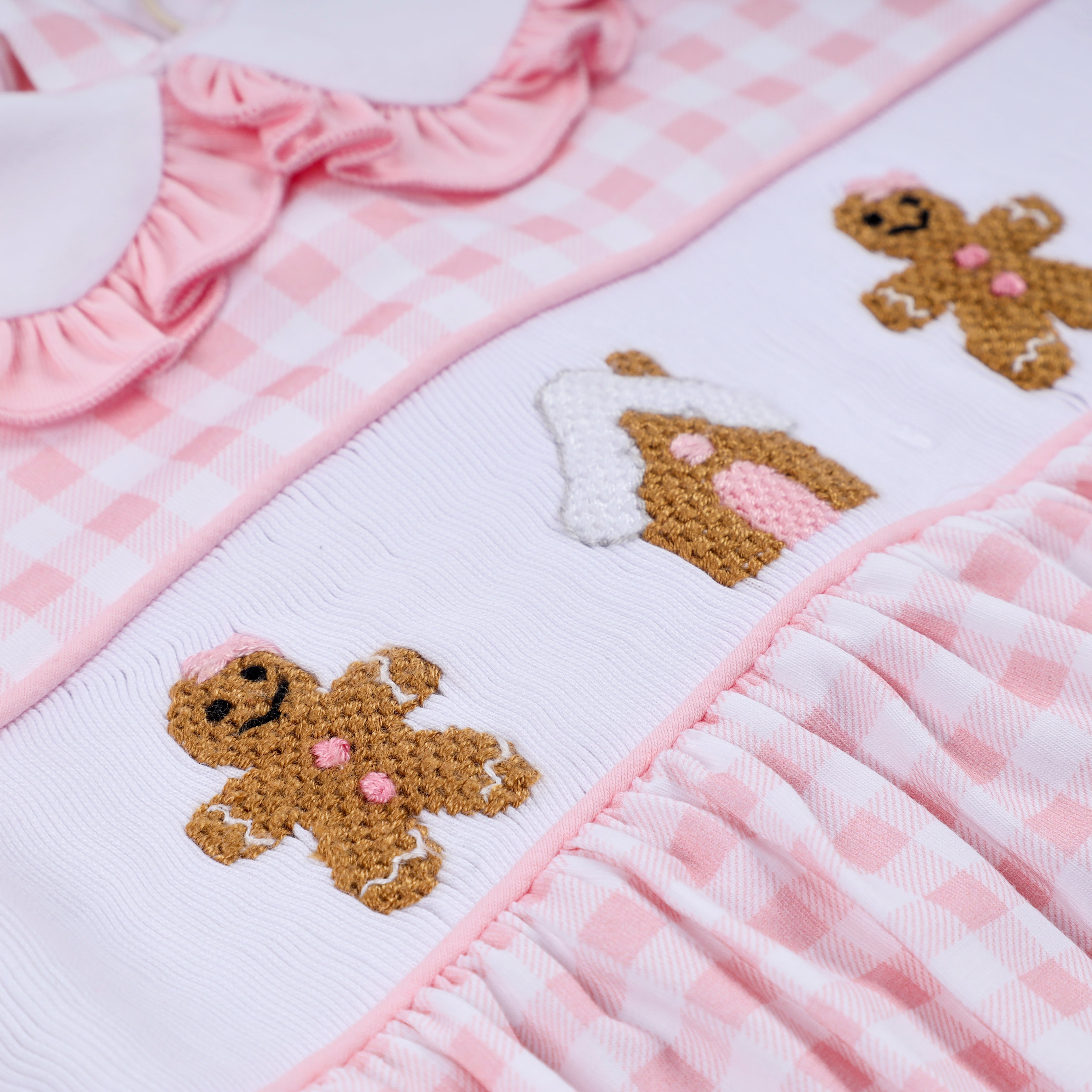 Pink gingerbread hand smocked gingham ruffle bubble - Aaria Tees Aaria Tees