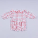 Pink gingerbread hand smocked gingham ruffle bubble - Aaria Tees Aaria Tees