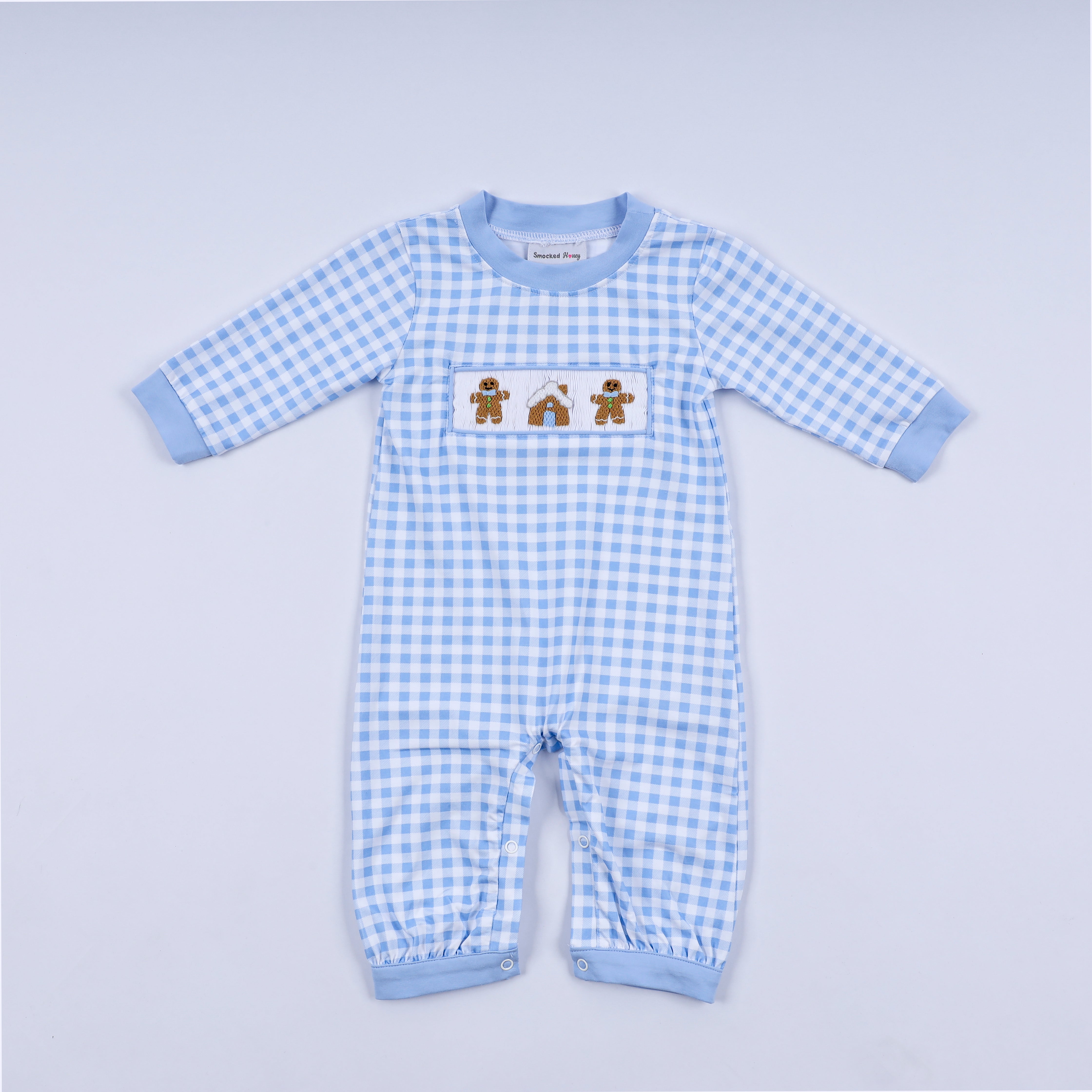Blue gingerbread hand smocked gingham romper - Aaria Tees Aaria Tees