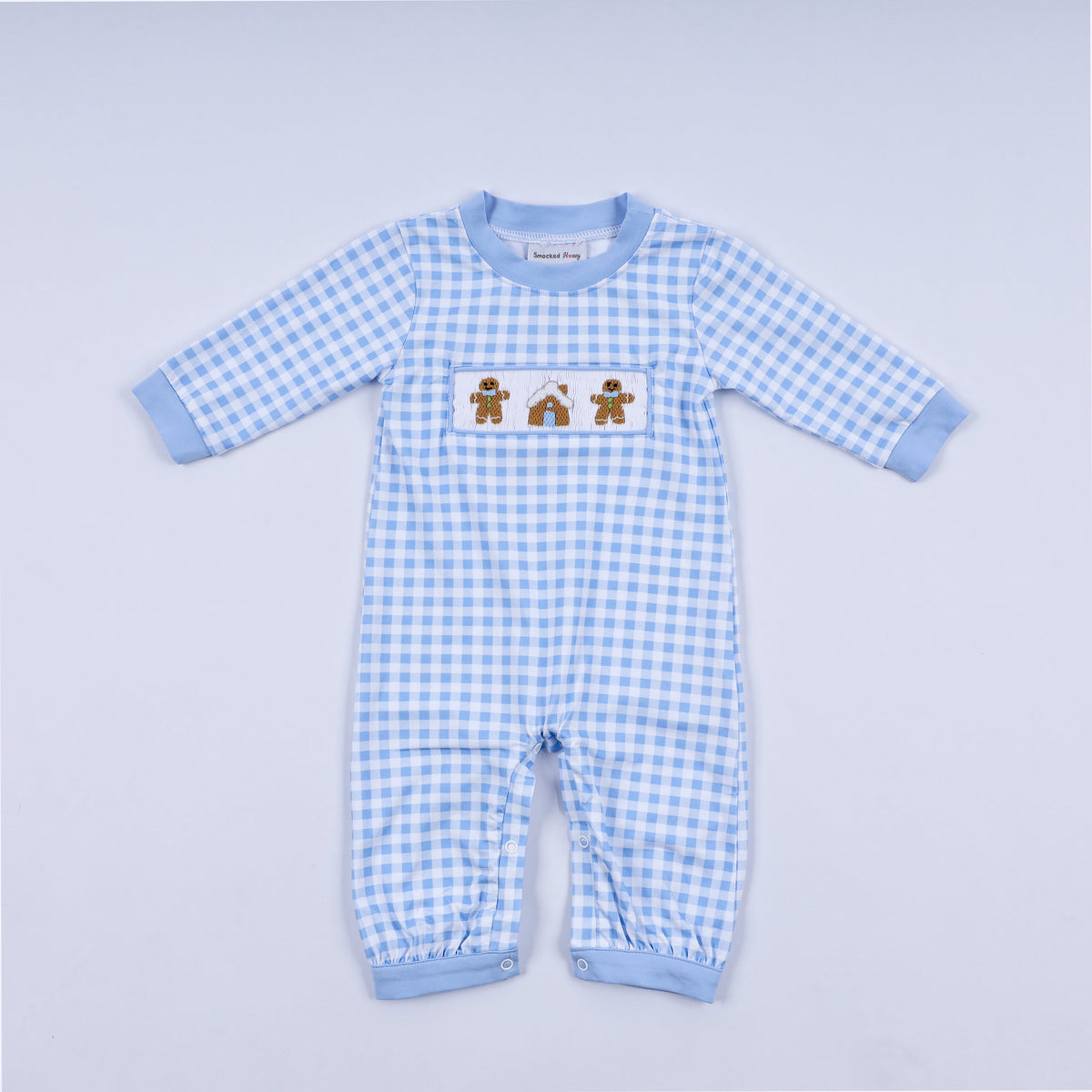 Blue gingerbread hand smocked gingham romper - Aaria Tees