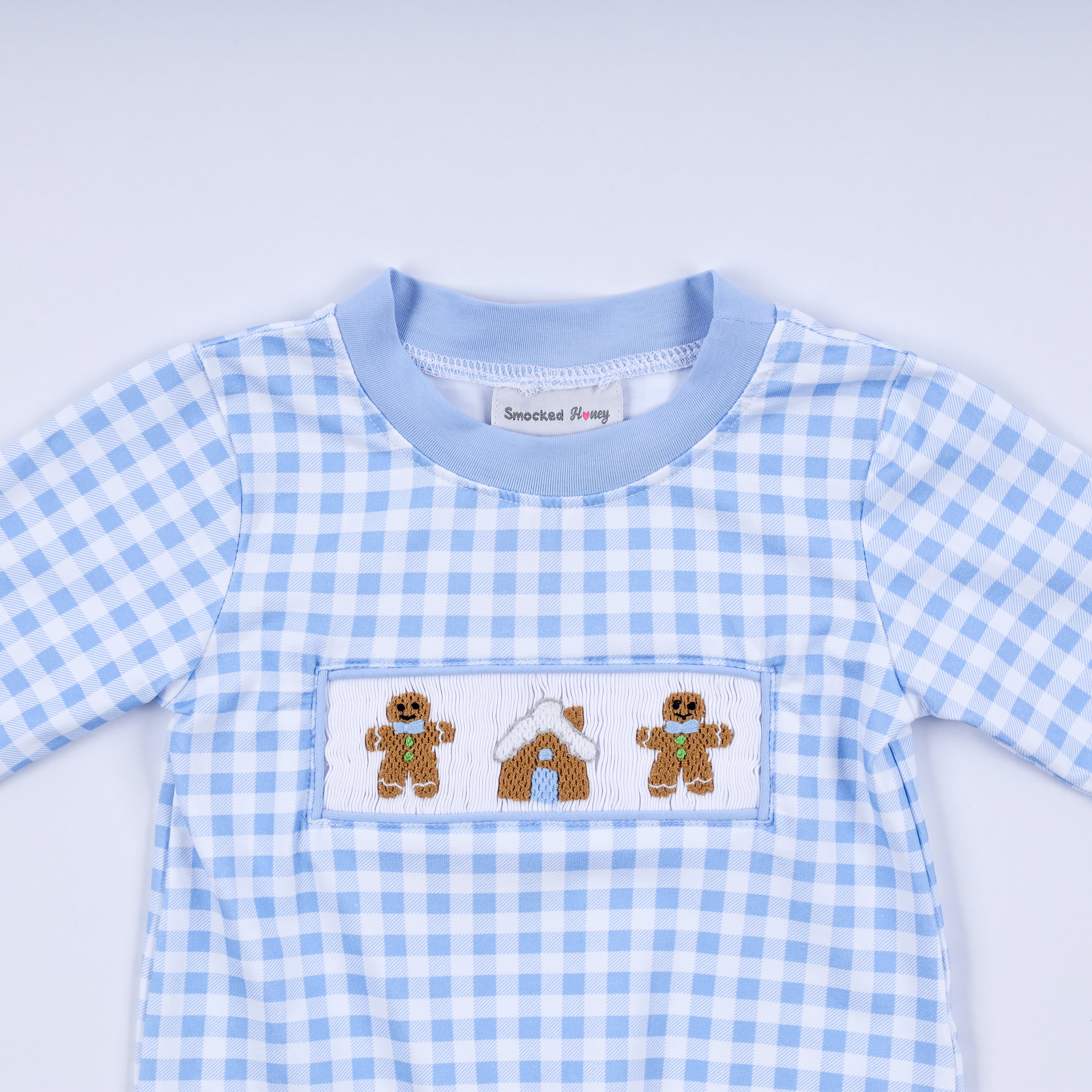 Blue gingerbread hand smocked gingham romper - Aaria Tees Aaria Tees
