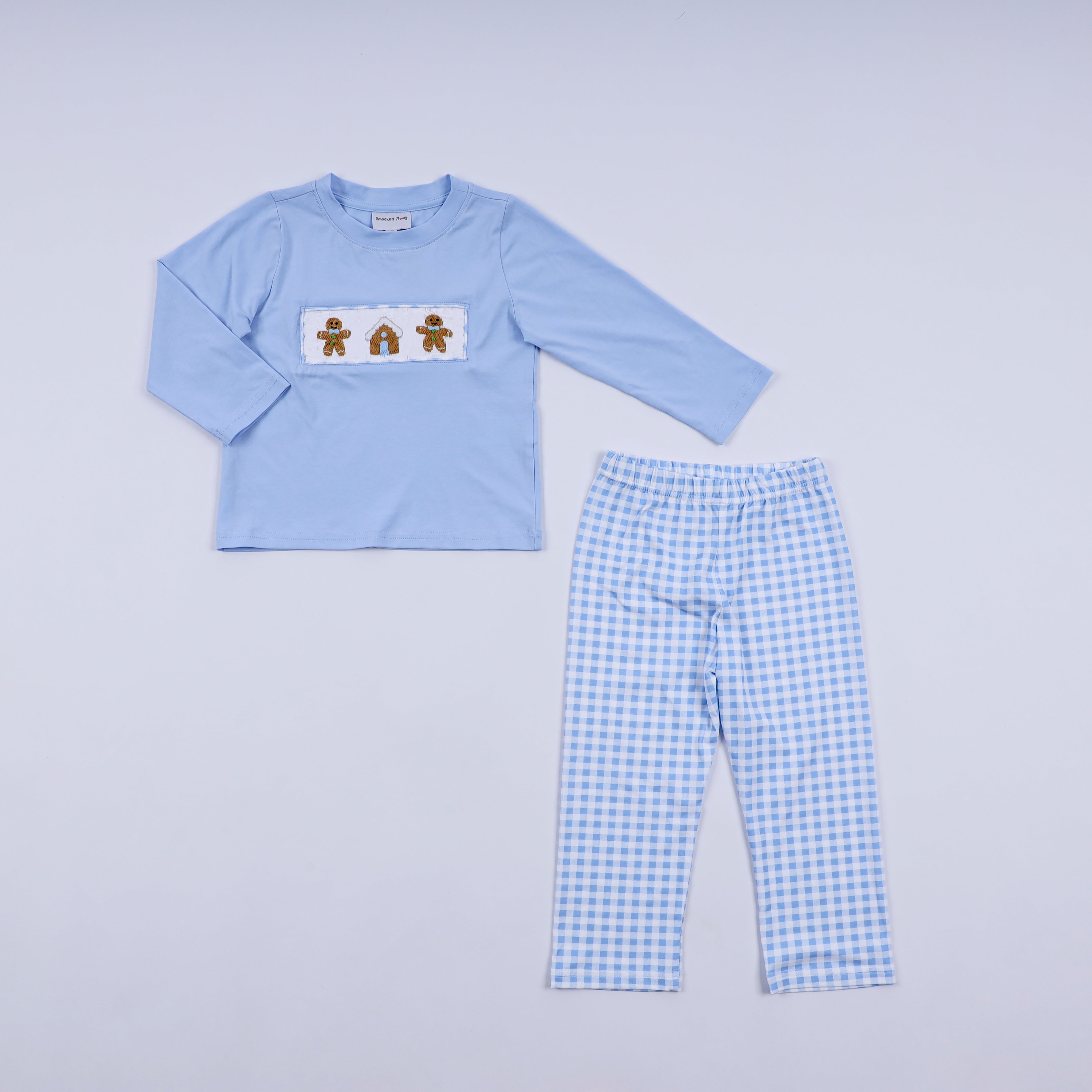 Blue gingerbread hand smocked gingham pants set - Aaria Tees Aaria Tees