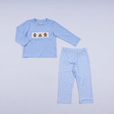 Blue gingerbread hand smocked gingham pants set - Aaria Tees Aaria Tees