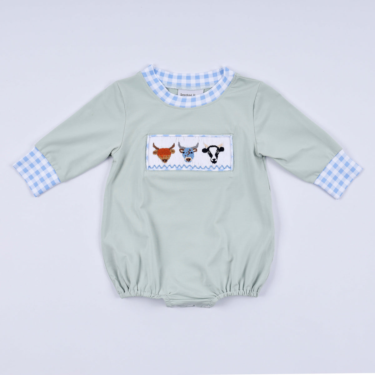 Sage cow hand smocked bubble - Aaria Tees