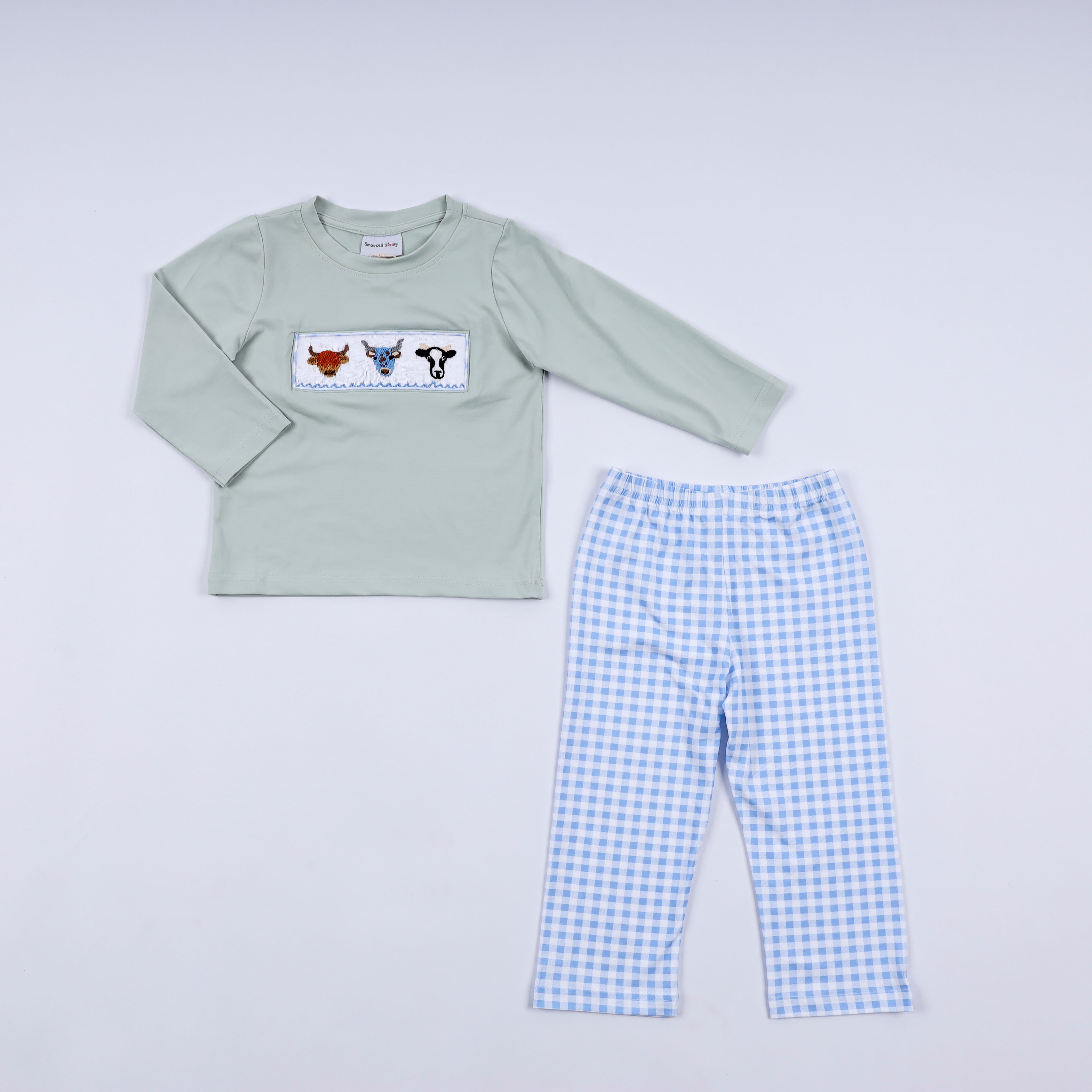 Sage cow hand smocked gingham pants set - Aaria Tees Aaria Tees