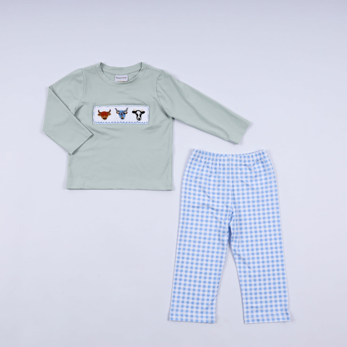 Sage cow hand smocked gingham pants set - Aaria Tees