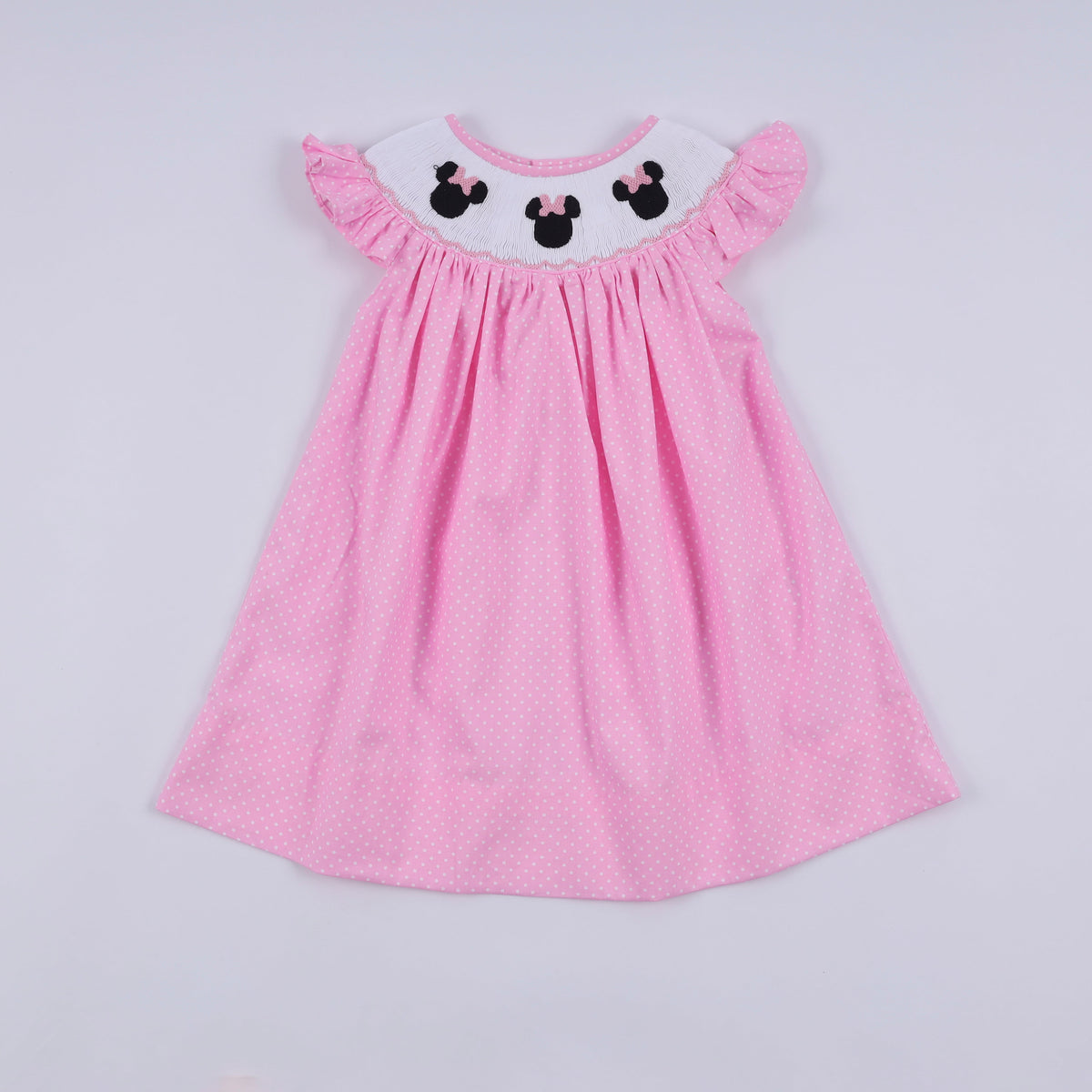 Pink character hand smocked dot ruffle dress - Aaria Tees