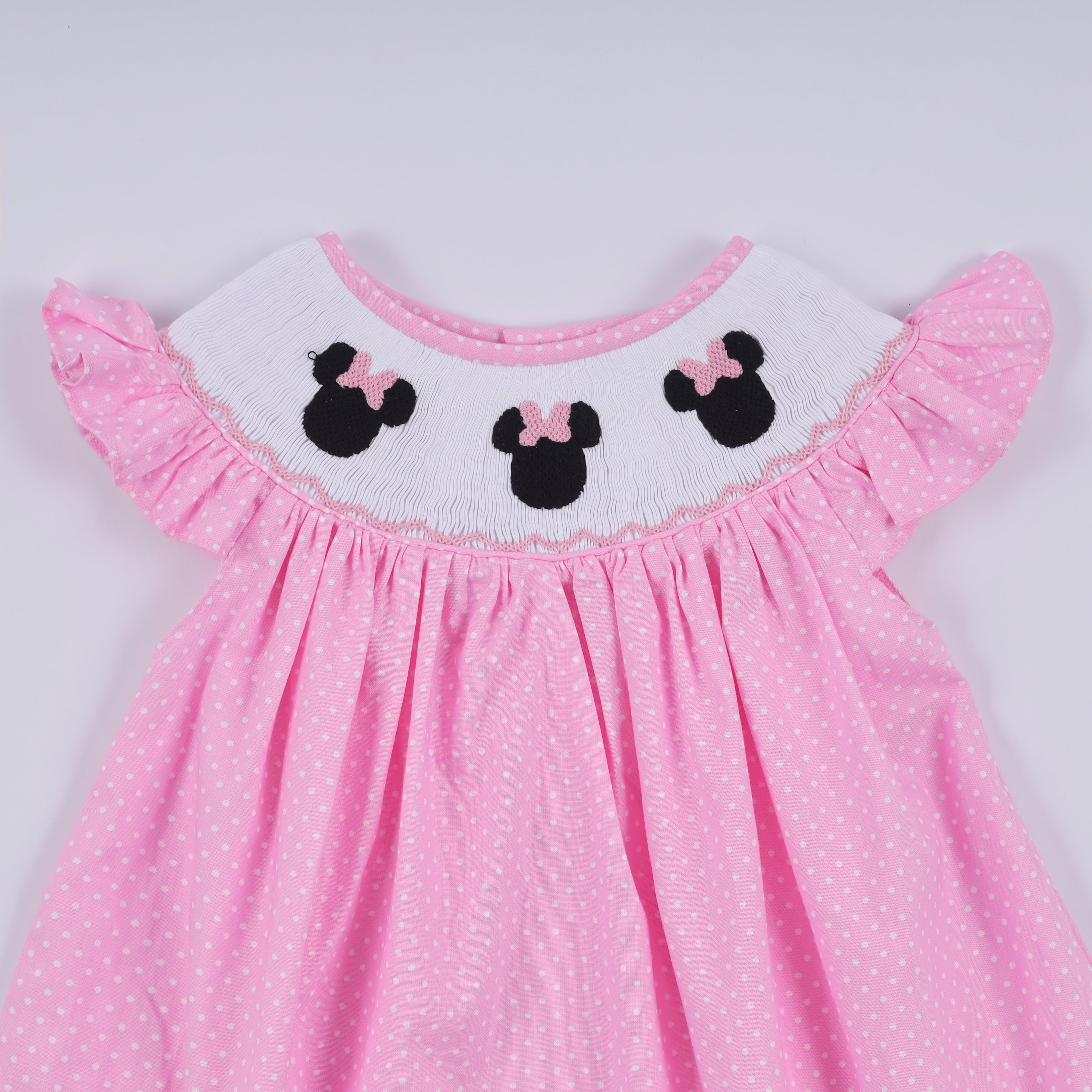 Pink character hand smocked dot ruffle dress - Aaria Tees Aaria Tees
