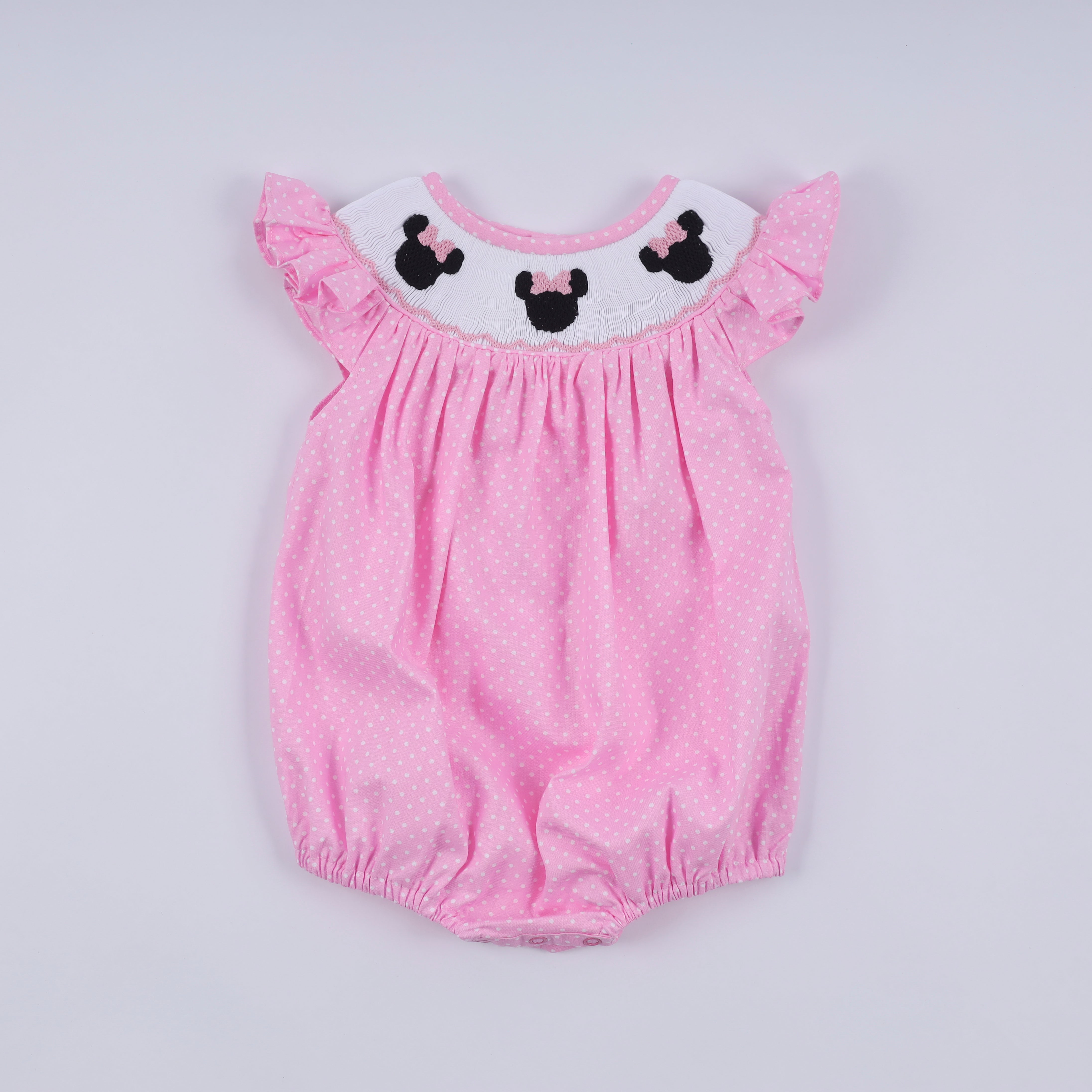 Pink character hand smocked dot ruffle bubble - Aaria Tees Aaria Tees