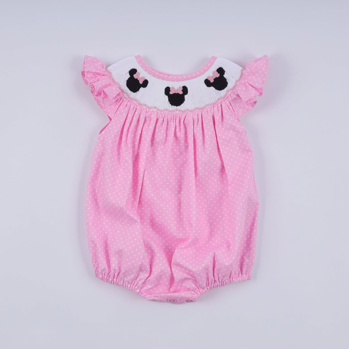 Pink character hand smocked dot ruffle bubble - Aaria Tees