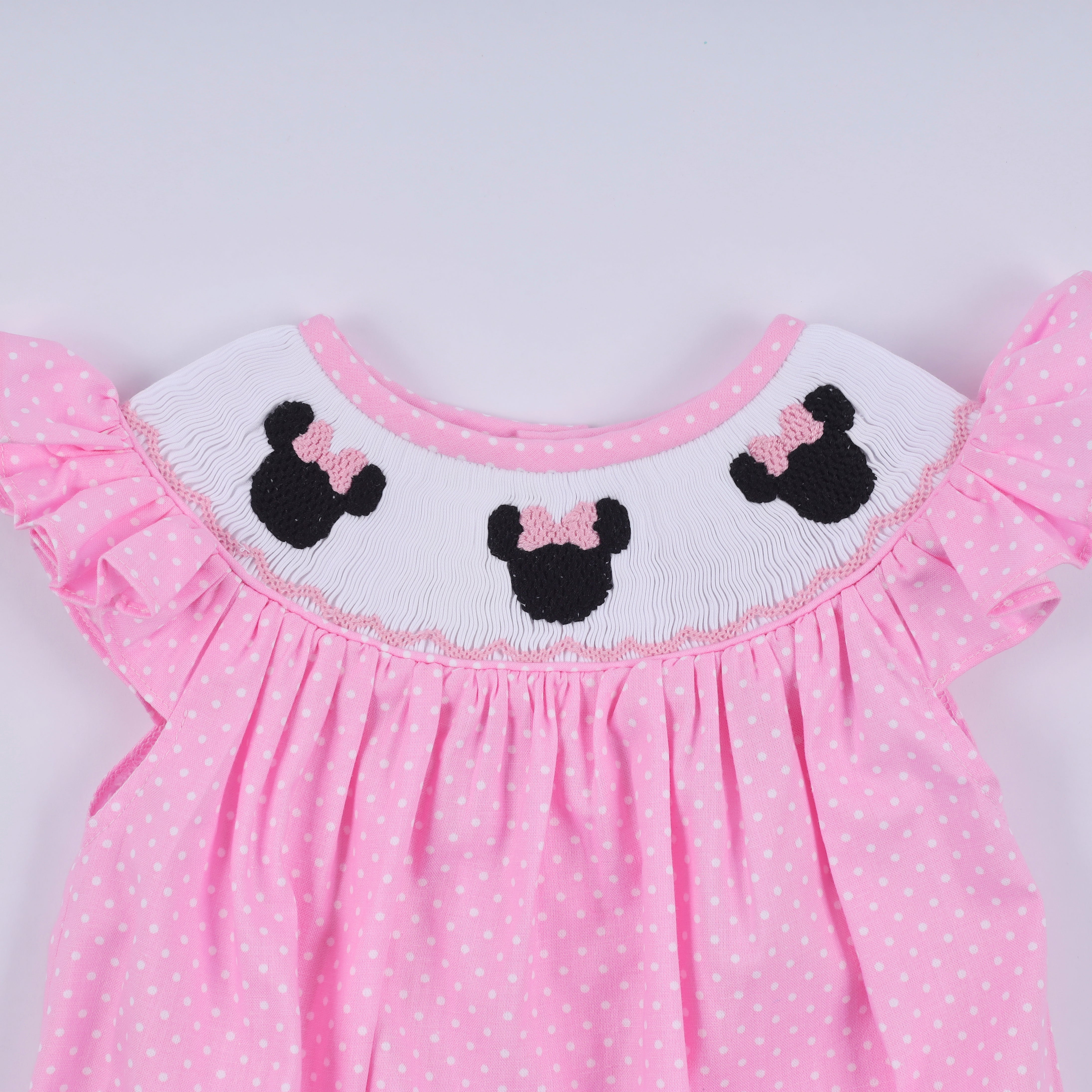 Pink character hand smocked dot ruffle bubble - Aaria Tees Aaria Tees