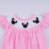 Pink character hand smocked dot ruffle bubble - Aaria Tees Aaria Tees