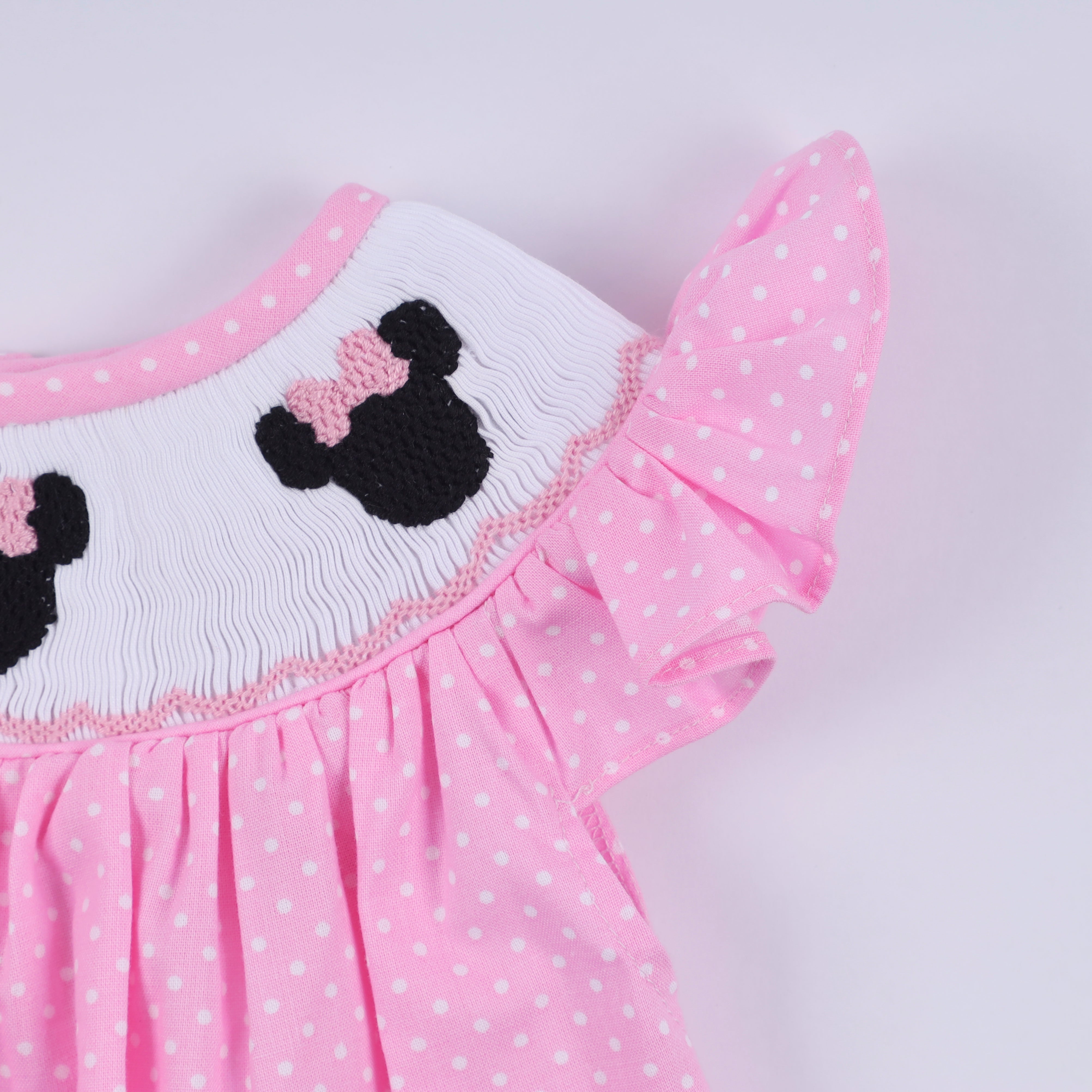 Pink character hand smocked dot ruffle bubble - Aaria Tees Aaria Tees