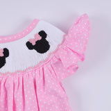 Pink character hand smocked dot ruffle bubble - Aaria Tees Aaria Tees