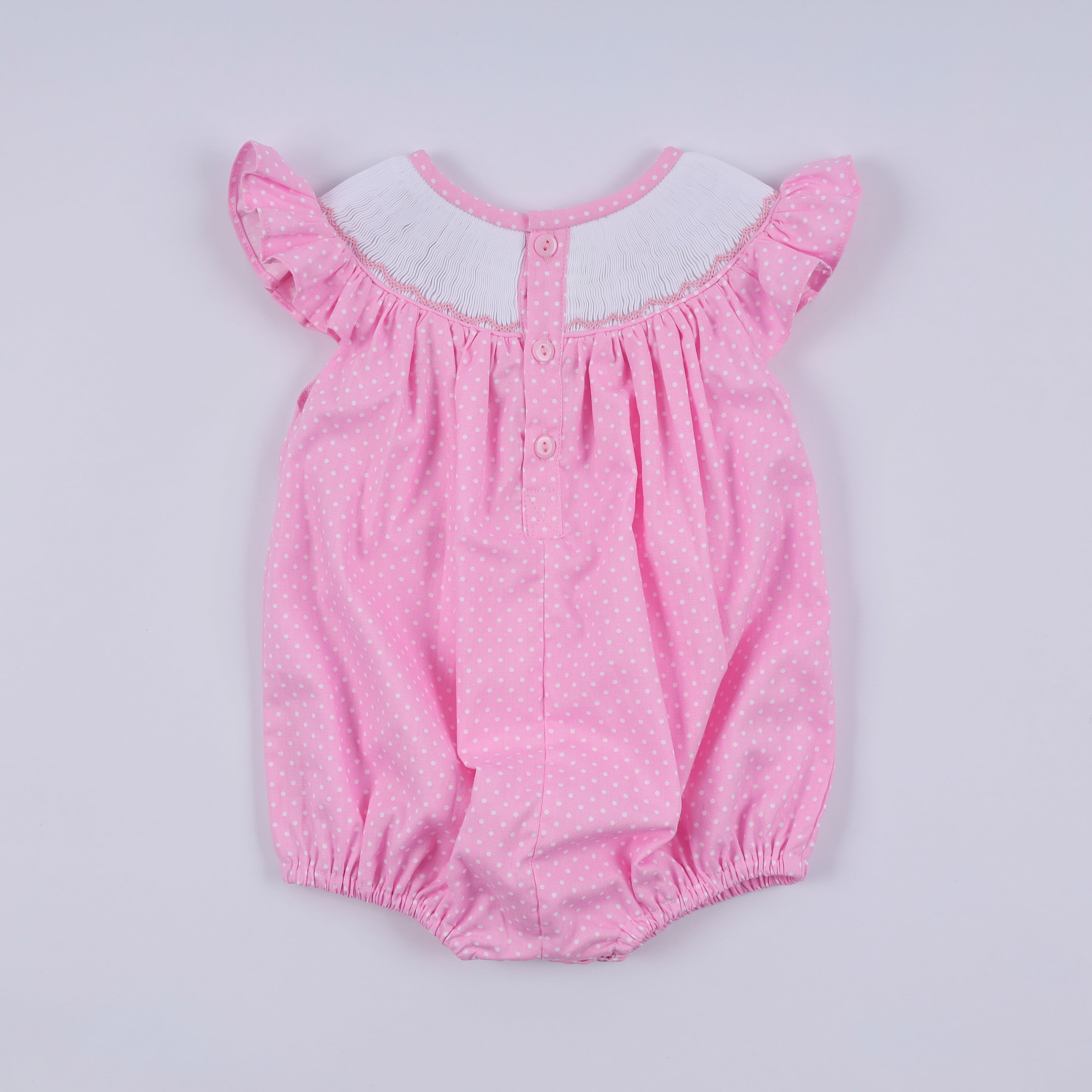 Pink character hand smocked dot ruffle bubble - Aaria Tees Aaria Tees