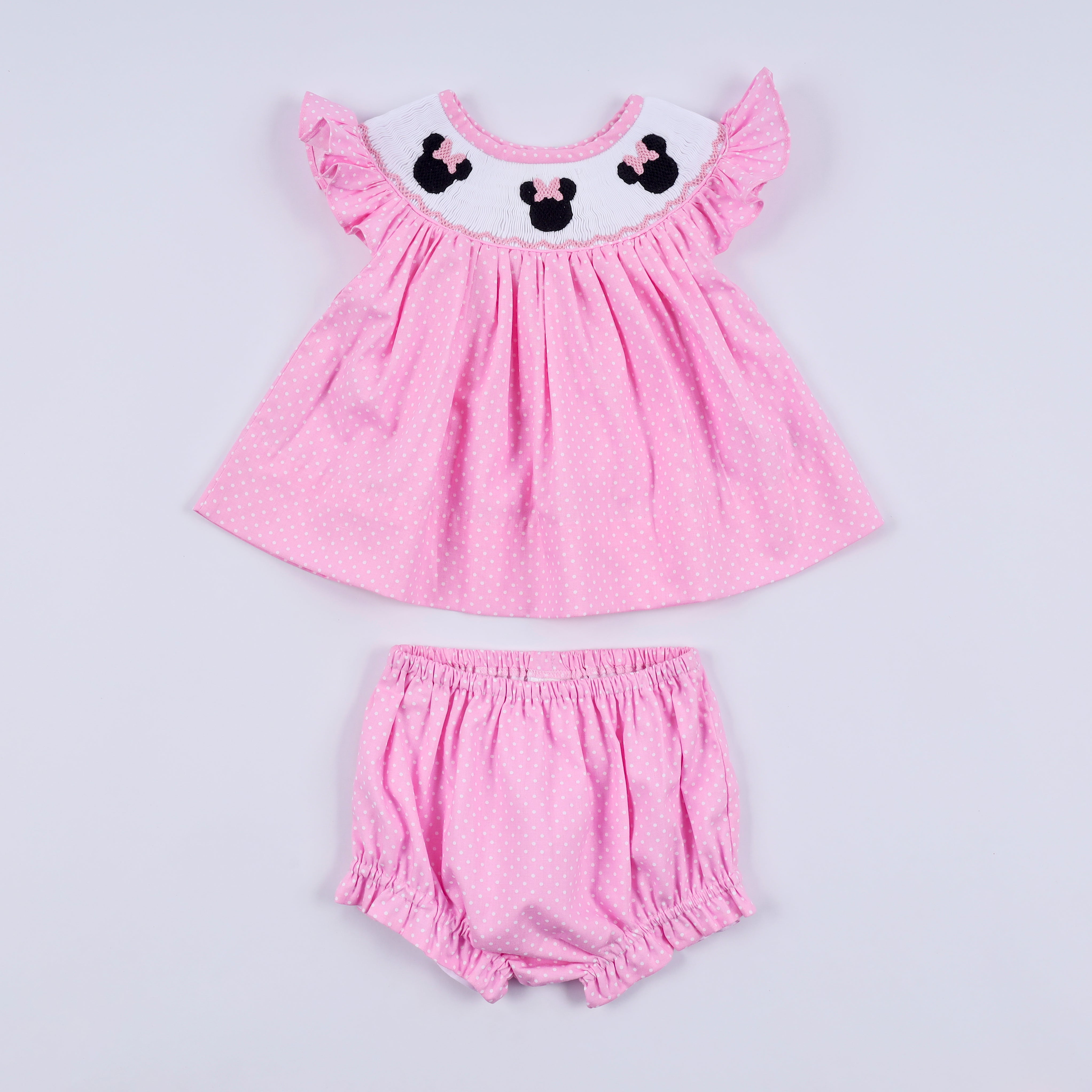 Pink character hand smocked dot ruffle bloomer set - Aaria Tees Aaria Tees