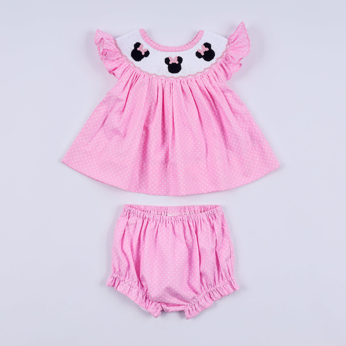 Pink character hand smocked dot ruffle bloomer set - Aaria Tees