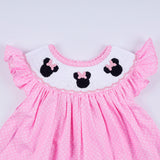 Pink character hand smocked dot ruffle bloomer set - Aaria Tees Aaria Tees