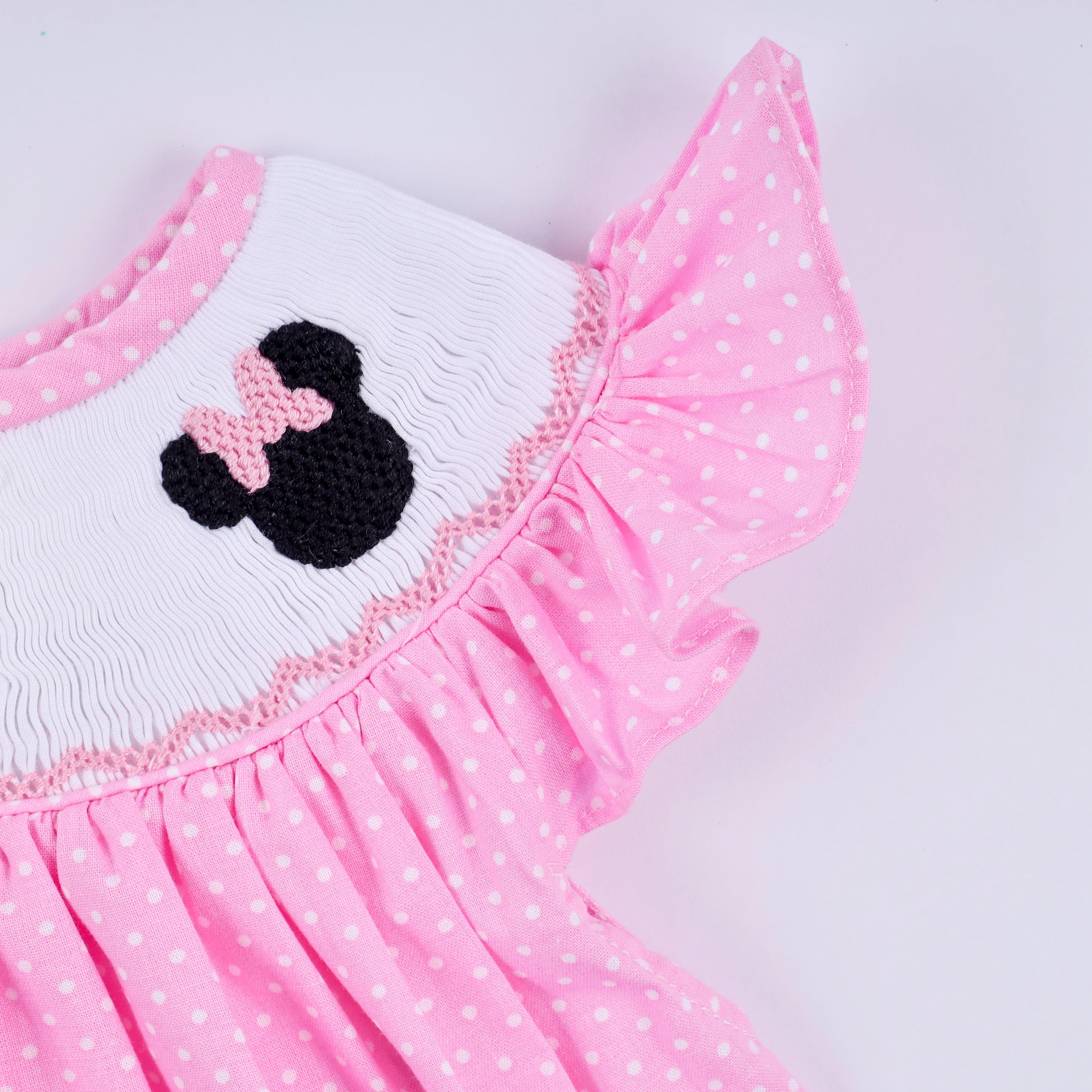 Pink character hand smocked dot ruffle bloomer set - Aaria Tees Aaria Tees