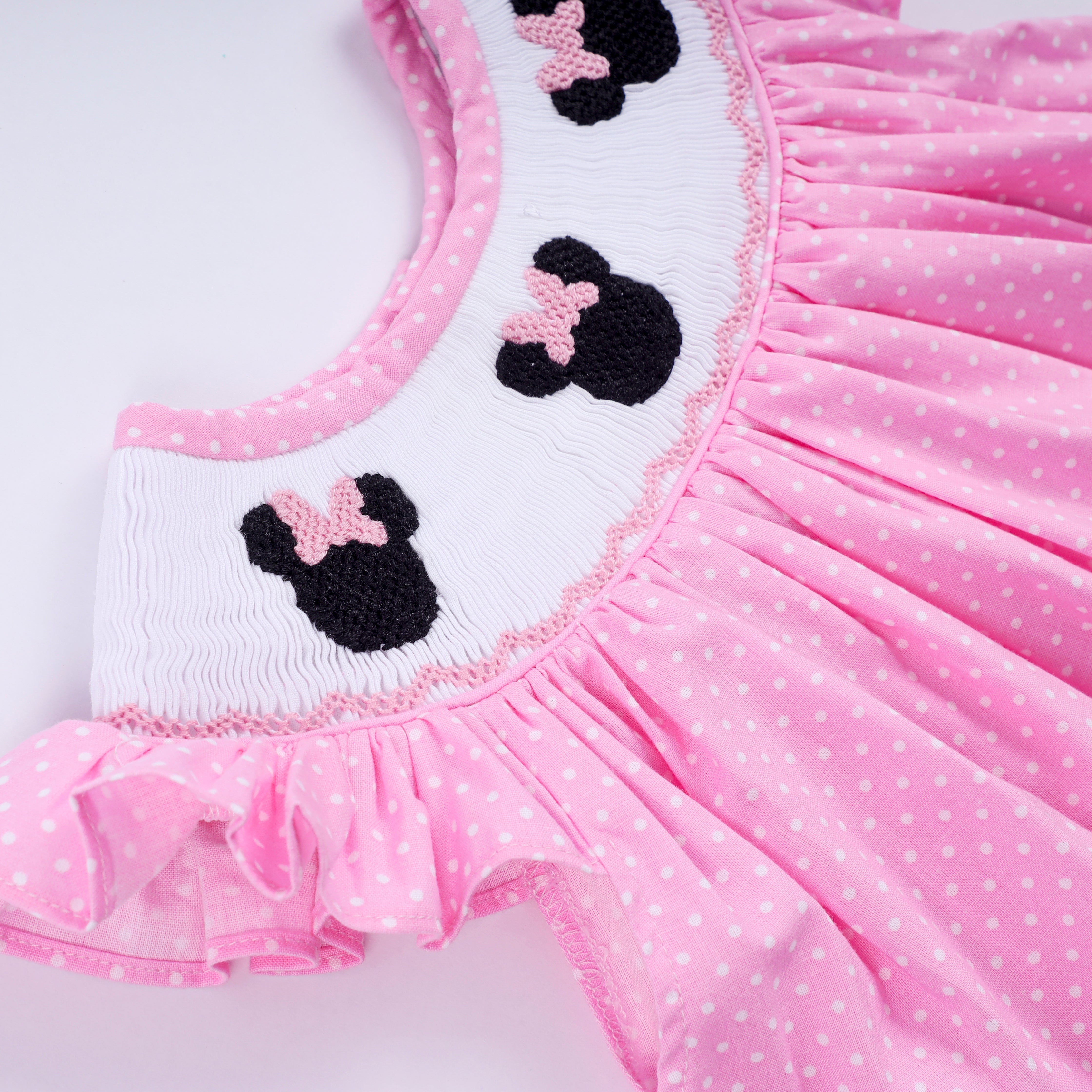 Pink character hand smocked dot ruffle bloomer set - Aaria Tees Aaria Tees