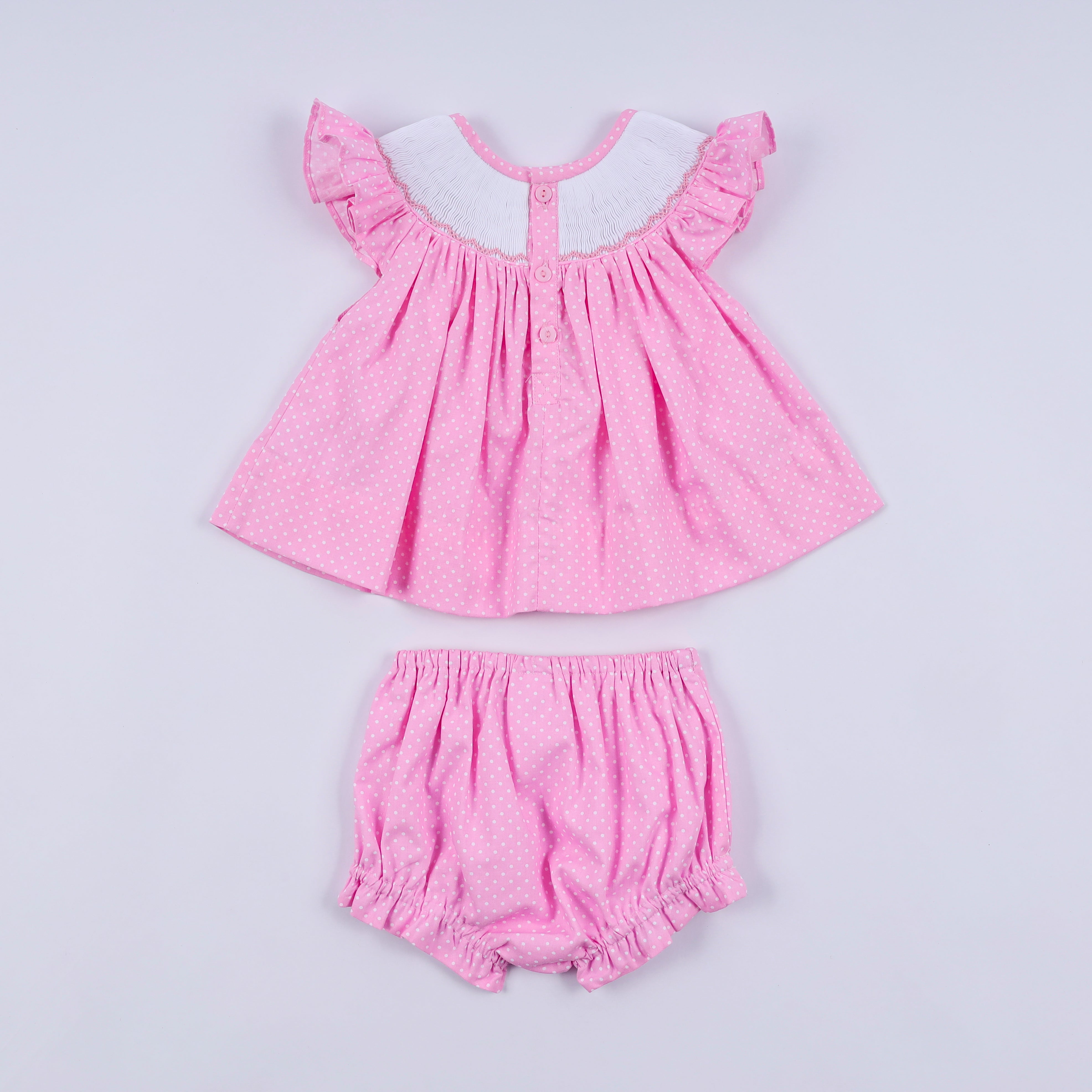 Pink character hand smocked dot ruffle bloomer set - Aaria Tees Aaria Tees