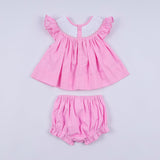Pink character hand smocked dot ruffle bloomer set - Aaria Tees Aaria Tees