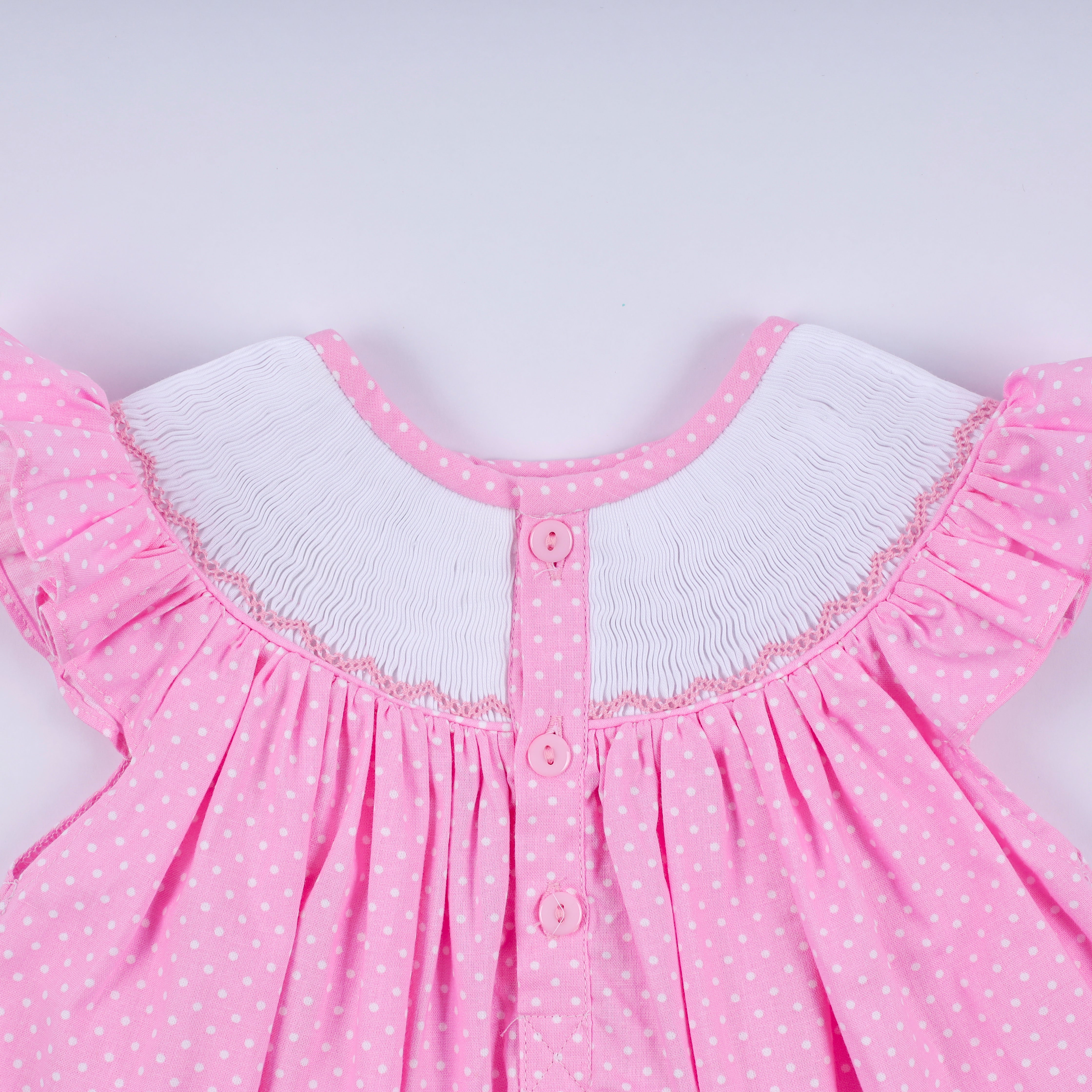 Pink character hand smocked dot ruffle bloomer set - Aaria Tees Aaria Tees