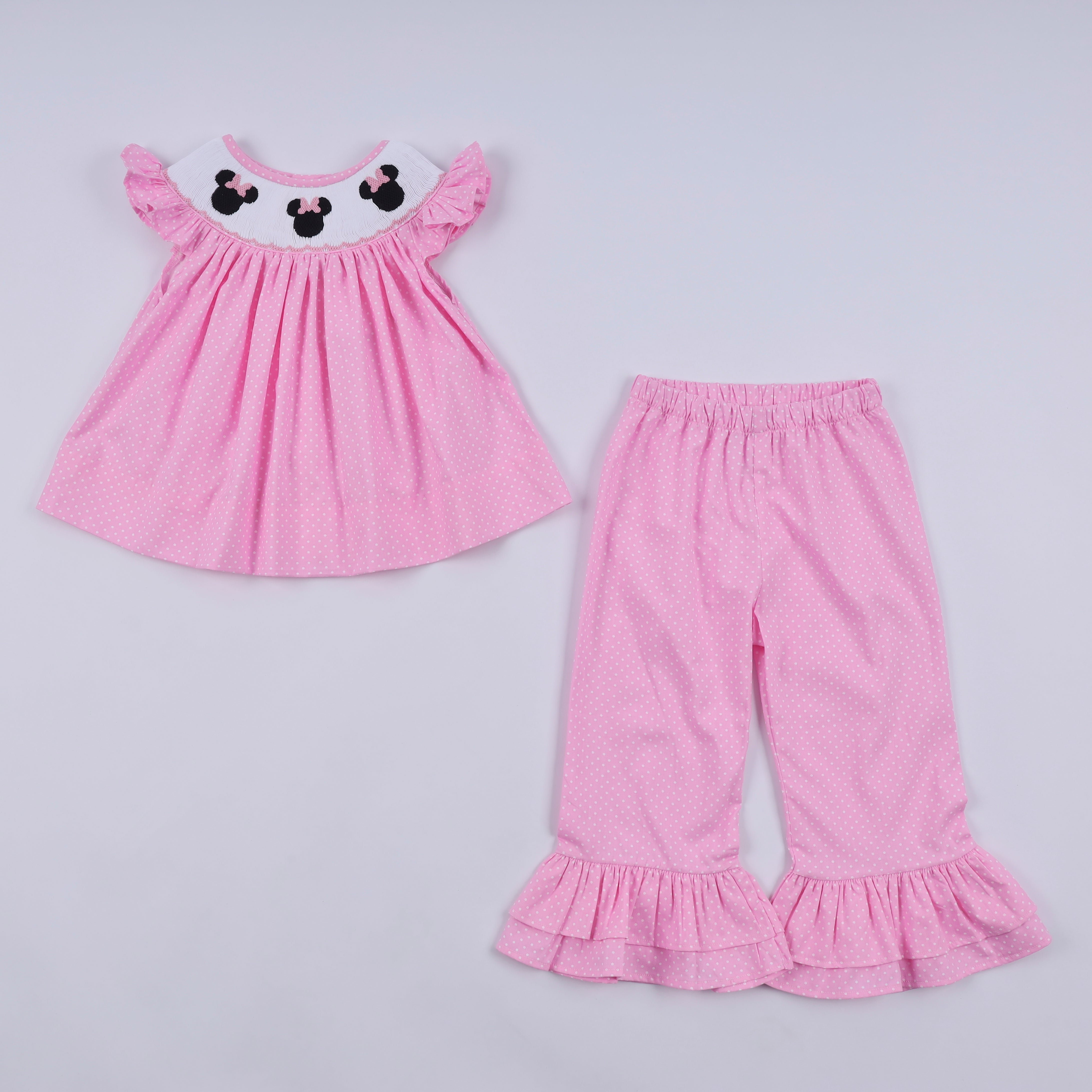 Pink character hand smocked dot ruffle pants set - Aaria Tees Aaria Tees