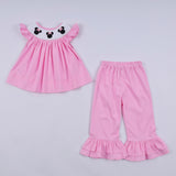 Pink character hand smocked dot ruffle pants set - Aaria Tees Aaria Tees