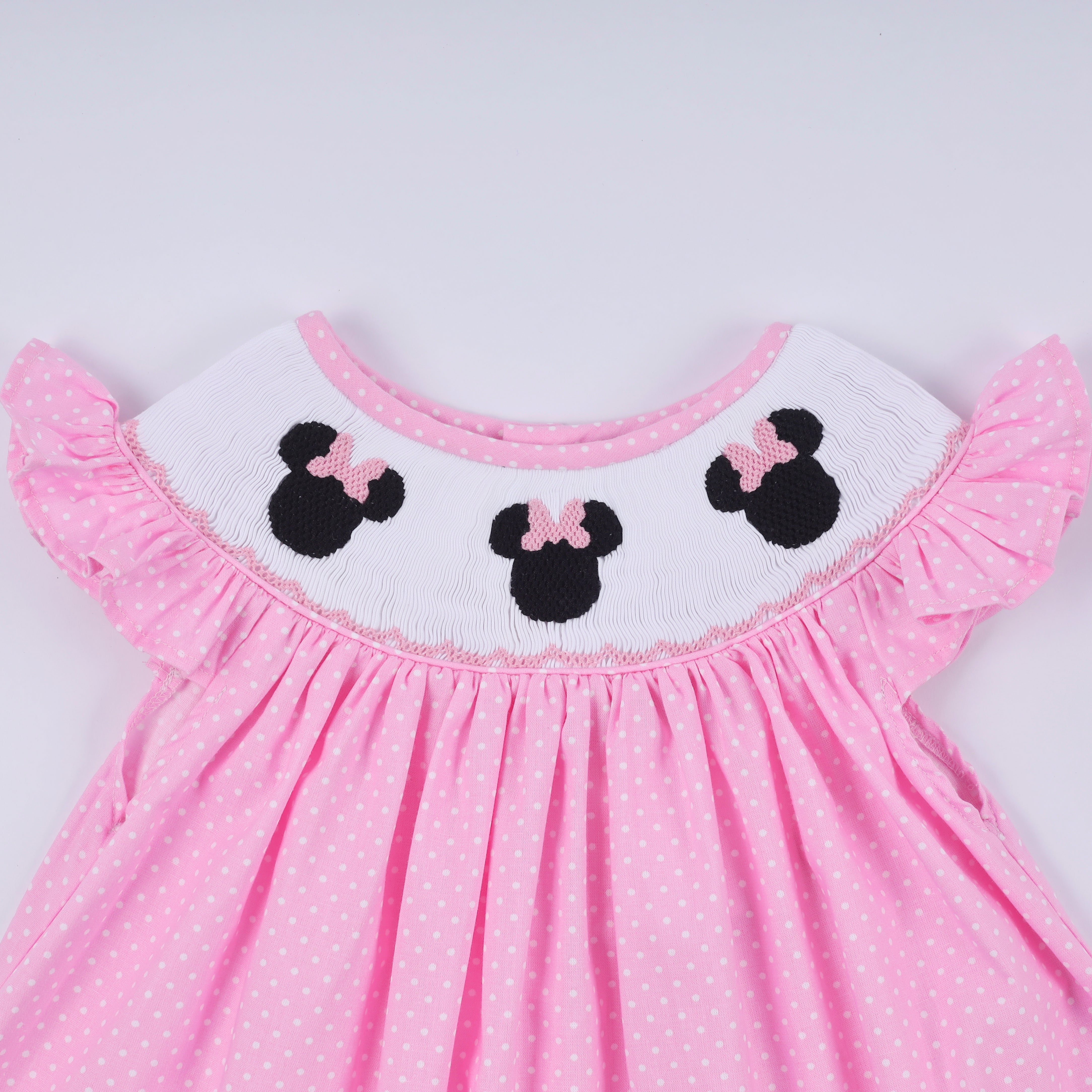 Pink character hand smocked dot ruffle pants set - Aaria Tees Aaria Tees