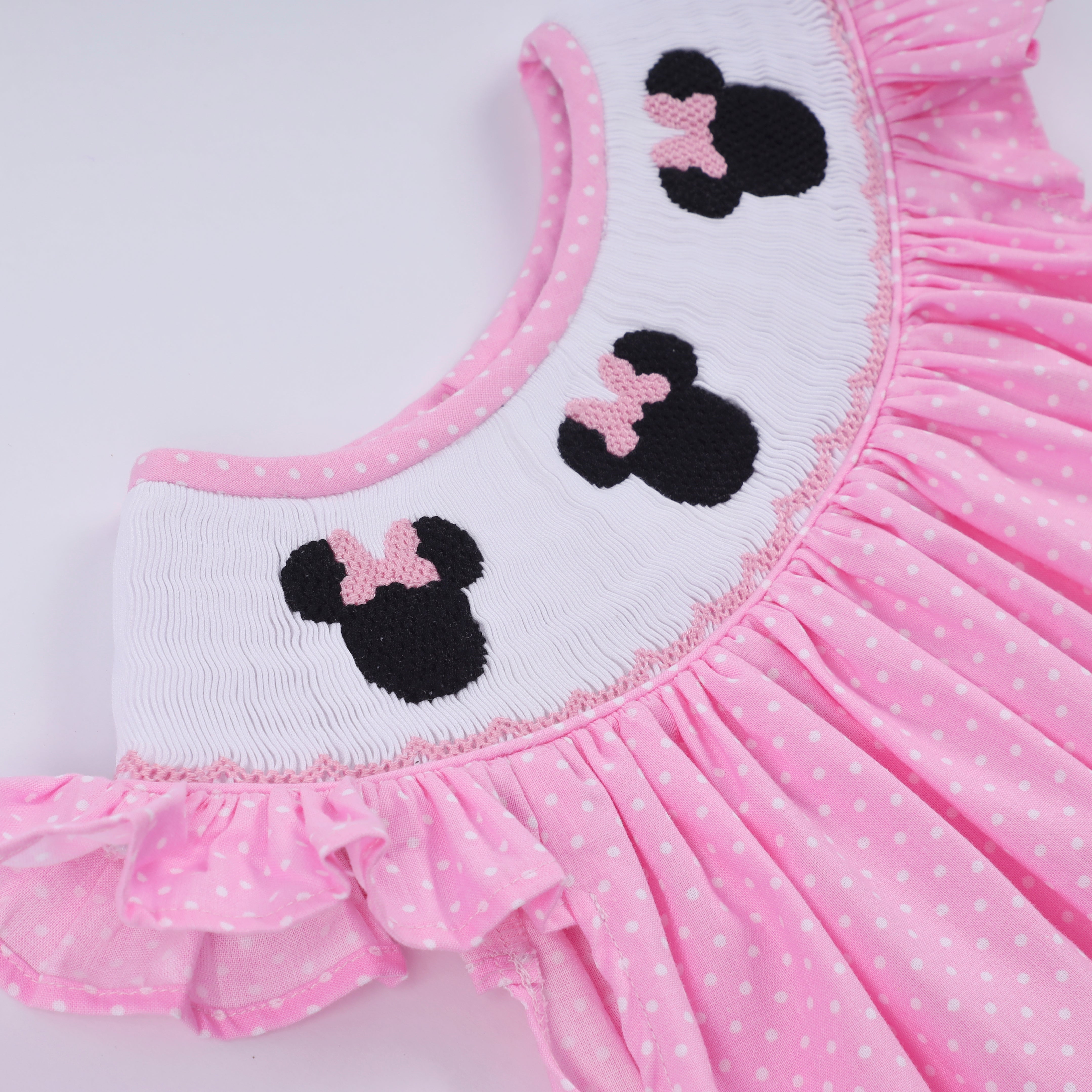 Pink character hand smocked dot ruffle pants set - Aaria Tees Aaria Tees