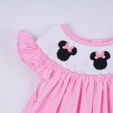 Pink character hand smocked dot ruffle pants set - Aaria Tees Aaria Tees