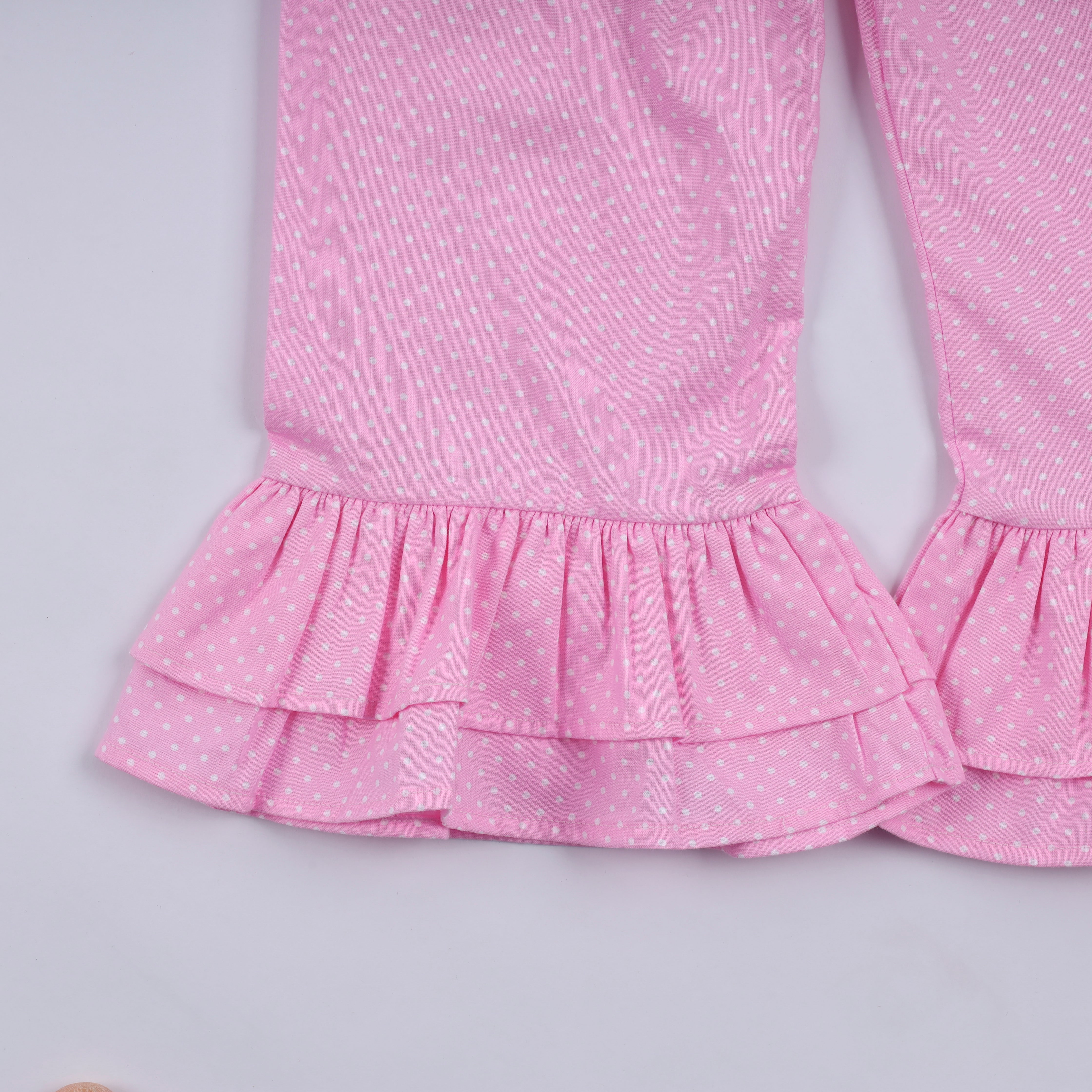 Pink character hand smocked dot ruffle pants set - Aaria Tees Aaria Tees