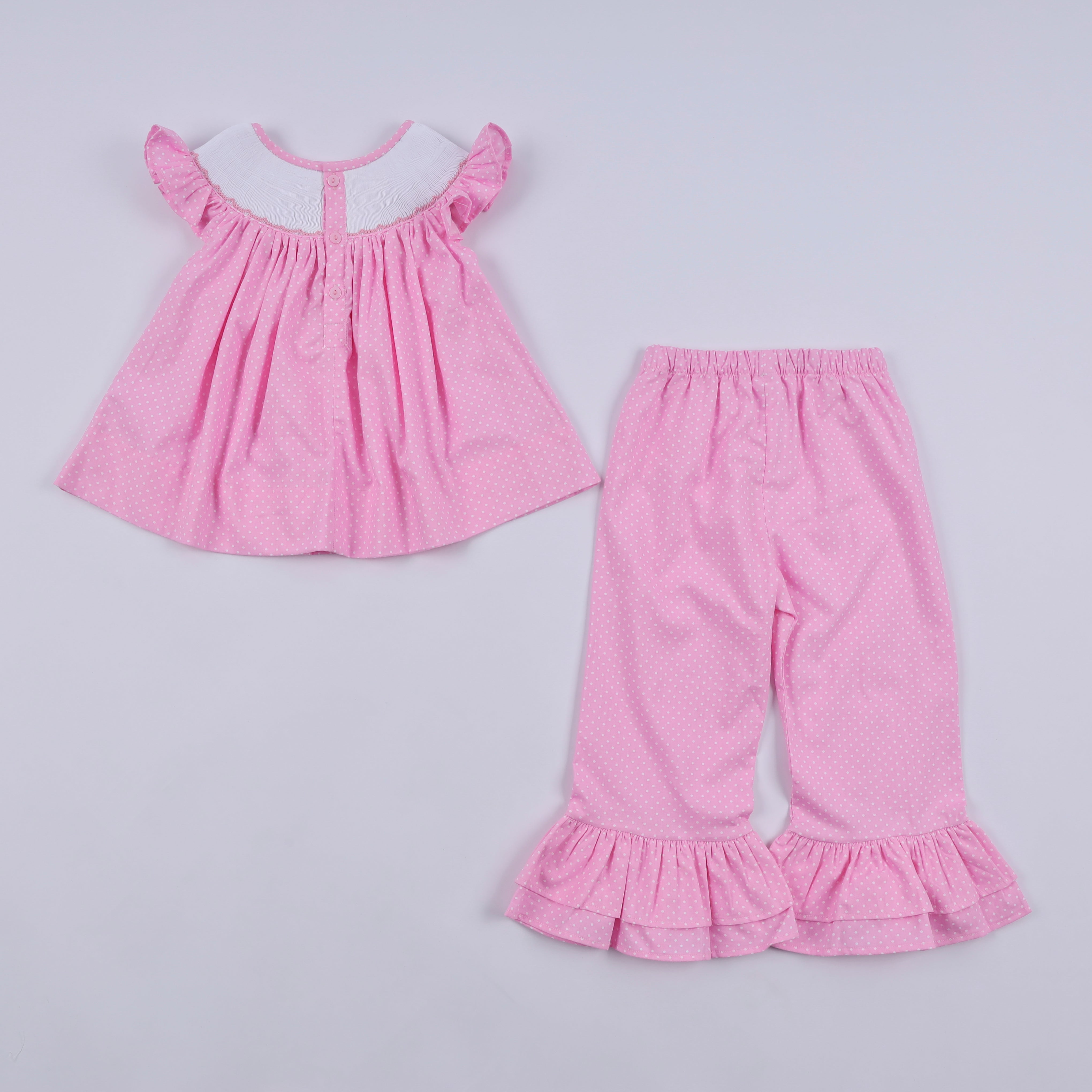 Pink character hand smocked dot ruffle pants set - Aaria Tees Aaria Tees