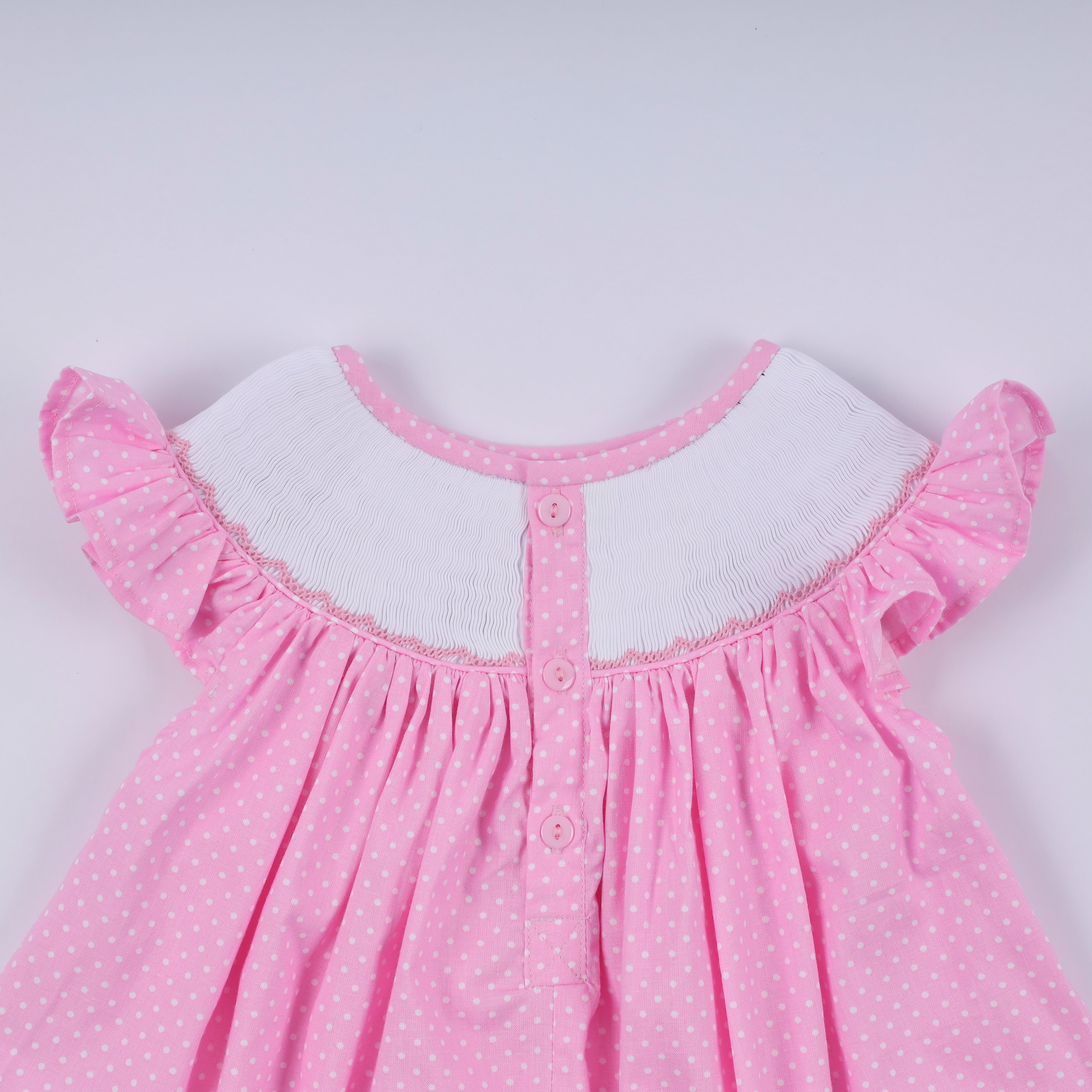 Pink character hand smocked dot ruffle pants set - Aaria Tees Aaria Tees