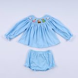 Blue nativity hand smocked bloomer set Aaria Tees