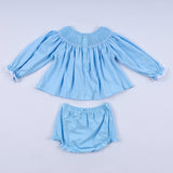 Blue nativity hand smocked bloomer set Aaria Tees