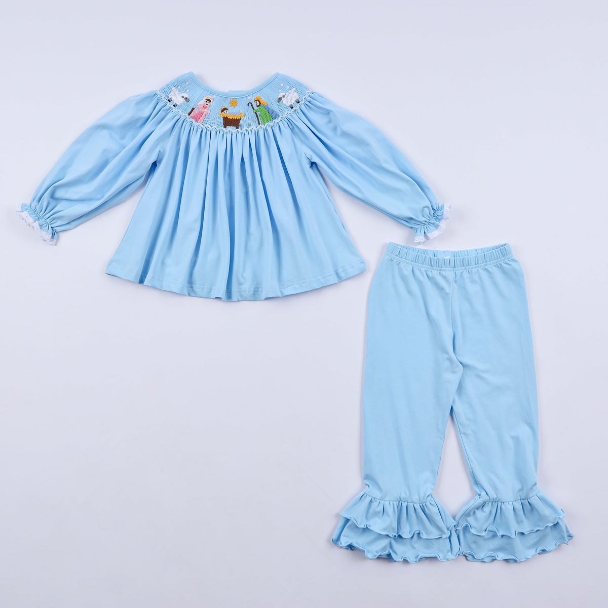 Blue nativity hand smocked ruffle pants set - Aaria Tees