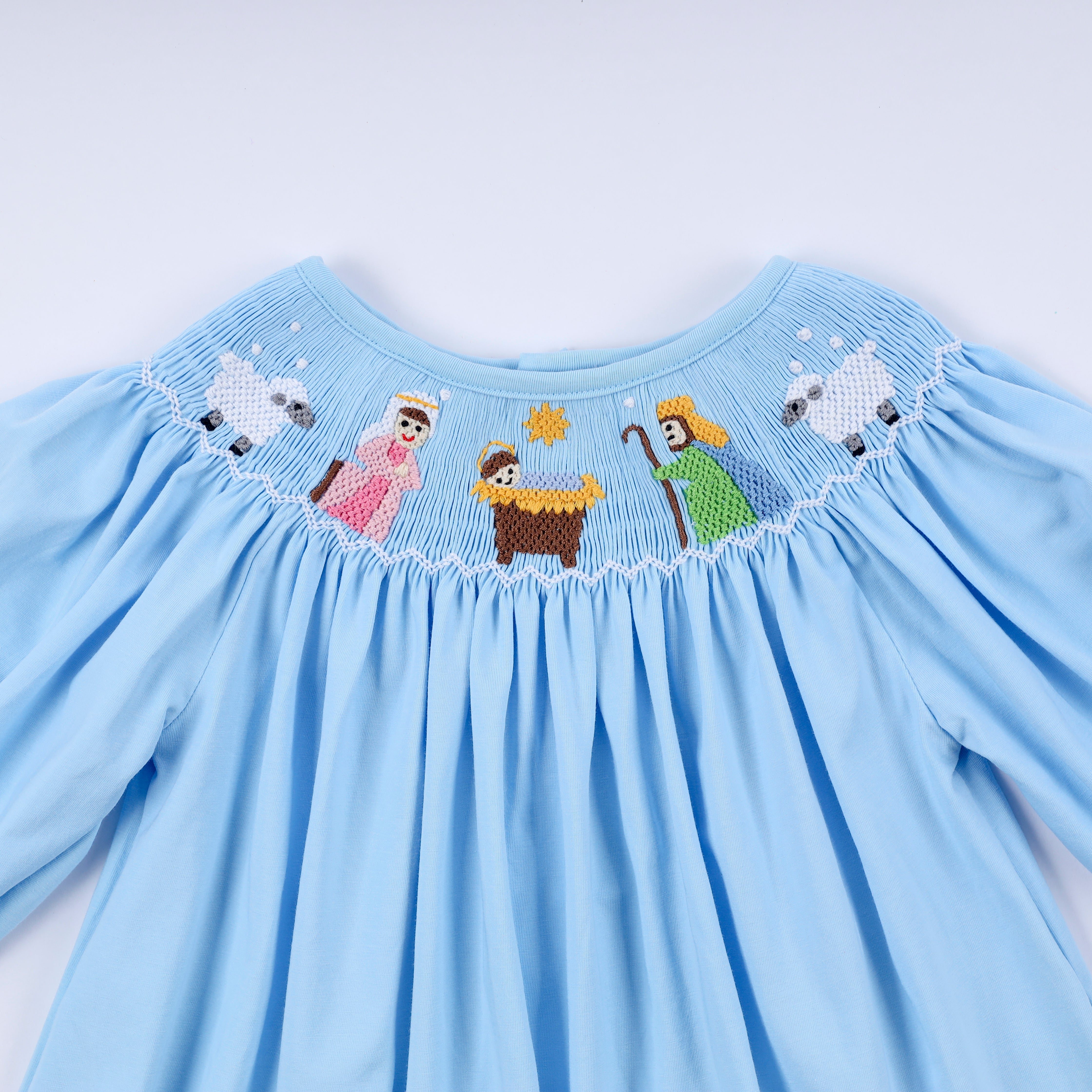 Blue nativity hand smocked ruffle pants set - Aaria Tees Aaria Tees